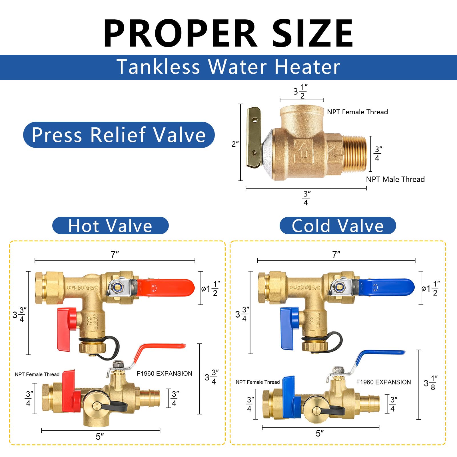Kit de válvulas para calentador de agua sin tanque GUOFIS IPS de 3/4 de pulgada con válvula de alivio de presión (3/4" FIP x 3/4" PEX-A Expansion F1960), juego de 10 válvulas para calentador de agua