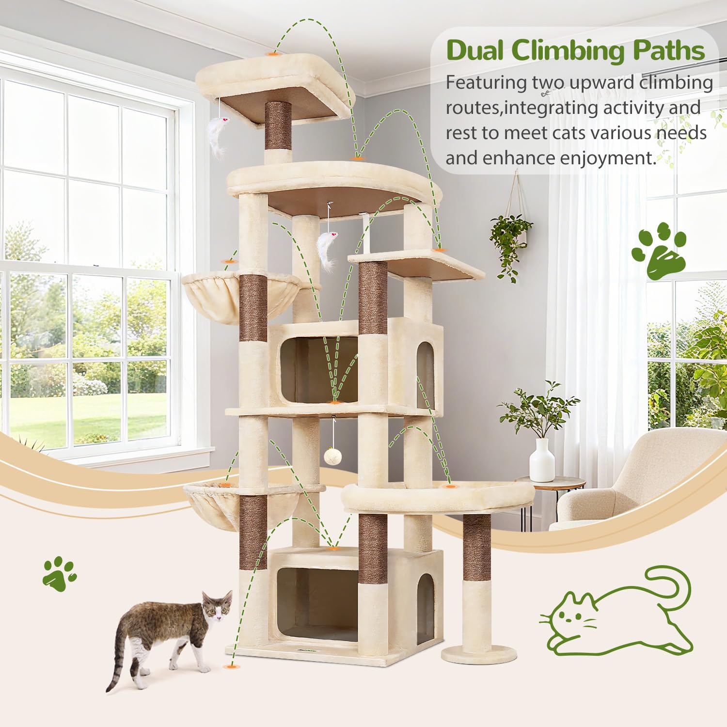 Globlazer Rascador beige XXL para gatos grandes, 192 cm, con 2 cuevas extragrandes, 50 x 30 x 30 cm, plataformas espaciosas, tronco de sisal, rascador estable con soportes para 3 – 5 gatos adultos