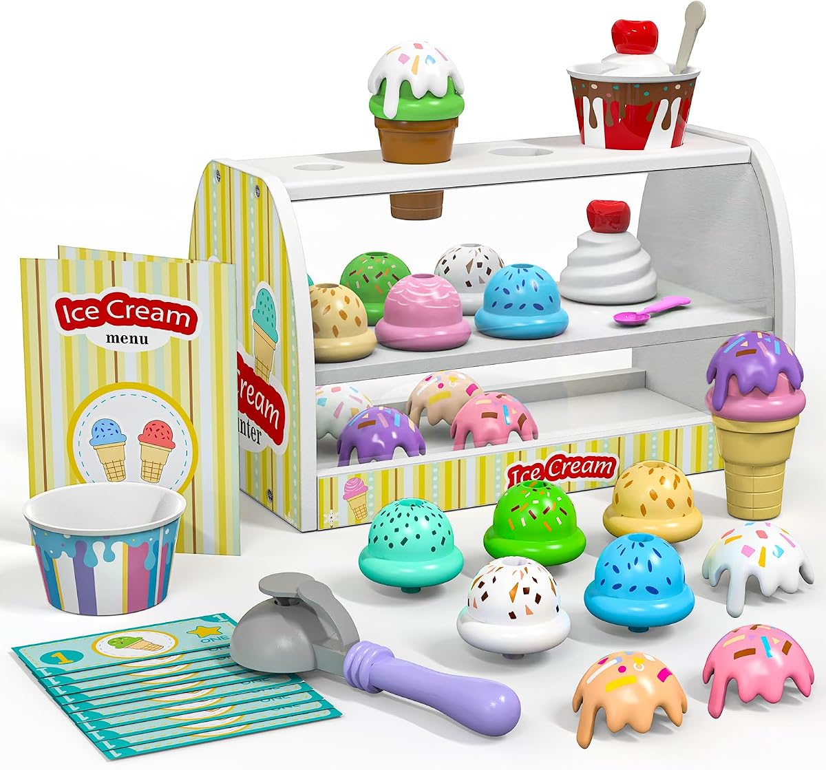 Ice Cream Play Set for Kids - Pretend Play Toy Gifts for 3 4 Year Old Girl | Ice Cream Counter Shop Food with Apron, Scoop, Menu, Fake Money, Toys for Boys Toddlers Ages 3-5
