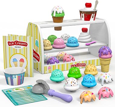 Ice Cream Play Set for Kids - Pretend Play Toy Gifts for 3 4 Year Old Girl | Ice Cream Counter Shop Food with Apron, Scoop, Menu, Fake Money, Toys for Boys Toddlers Ages 3-5