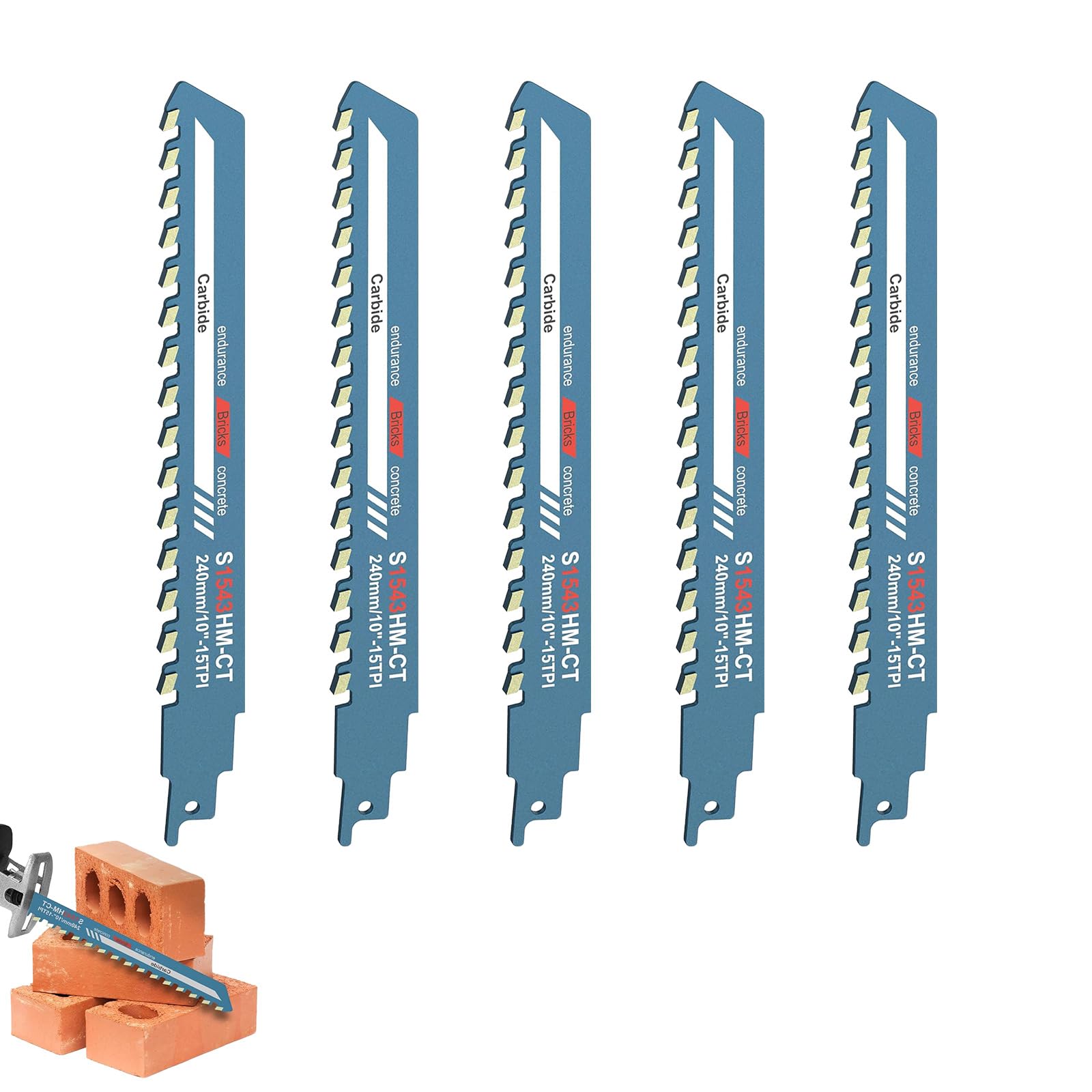 Reciprocating Saw Blades, Carbide Tipped Masonry Saw Blades for Concrete, Brick, Cement, Aerated Concrete Cutting, Universal Shank Fit Recip Saws, Sabre Saws, Demolition Saws (Value Pack（10"×5PCS）)