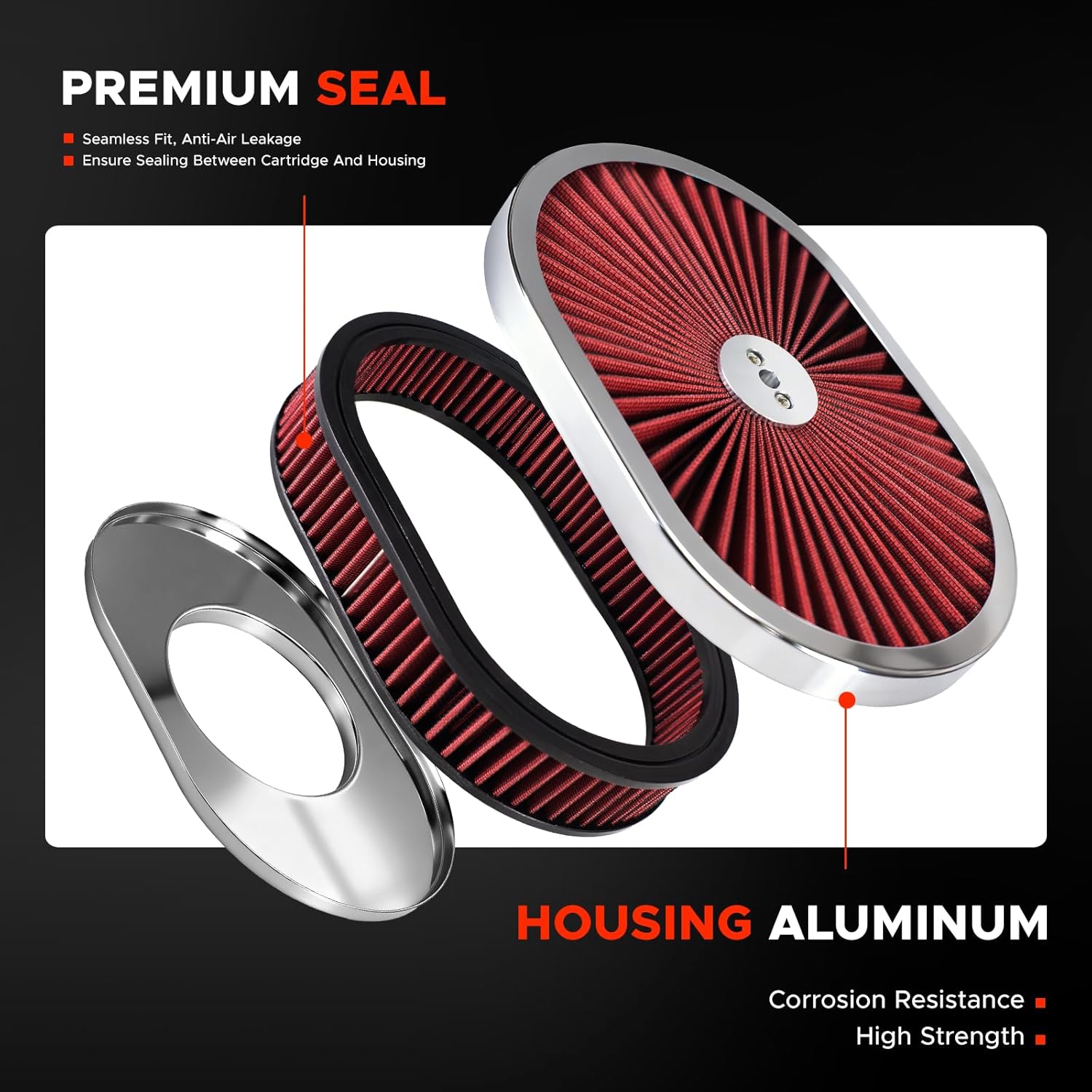 12"x2" Oval Air Cleaner Filter Assembly 5-1/8" Carb Neck w/Flow-Thru Lid High Flow Chrome Universal Compatible with GMC Chevy Ford Chrysler Dodge V8 Engines. Chrome & Red Finish.