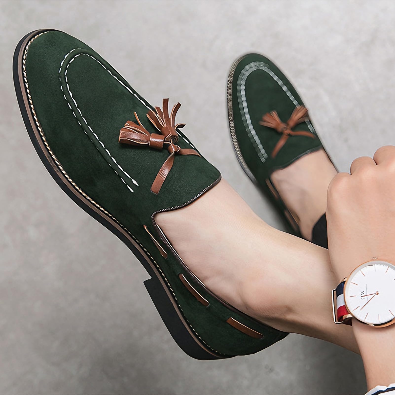 ANUFER Hombre Ante Sintético Piel Mocasines sin Cordones con Borlas