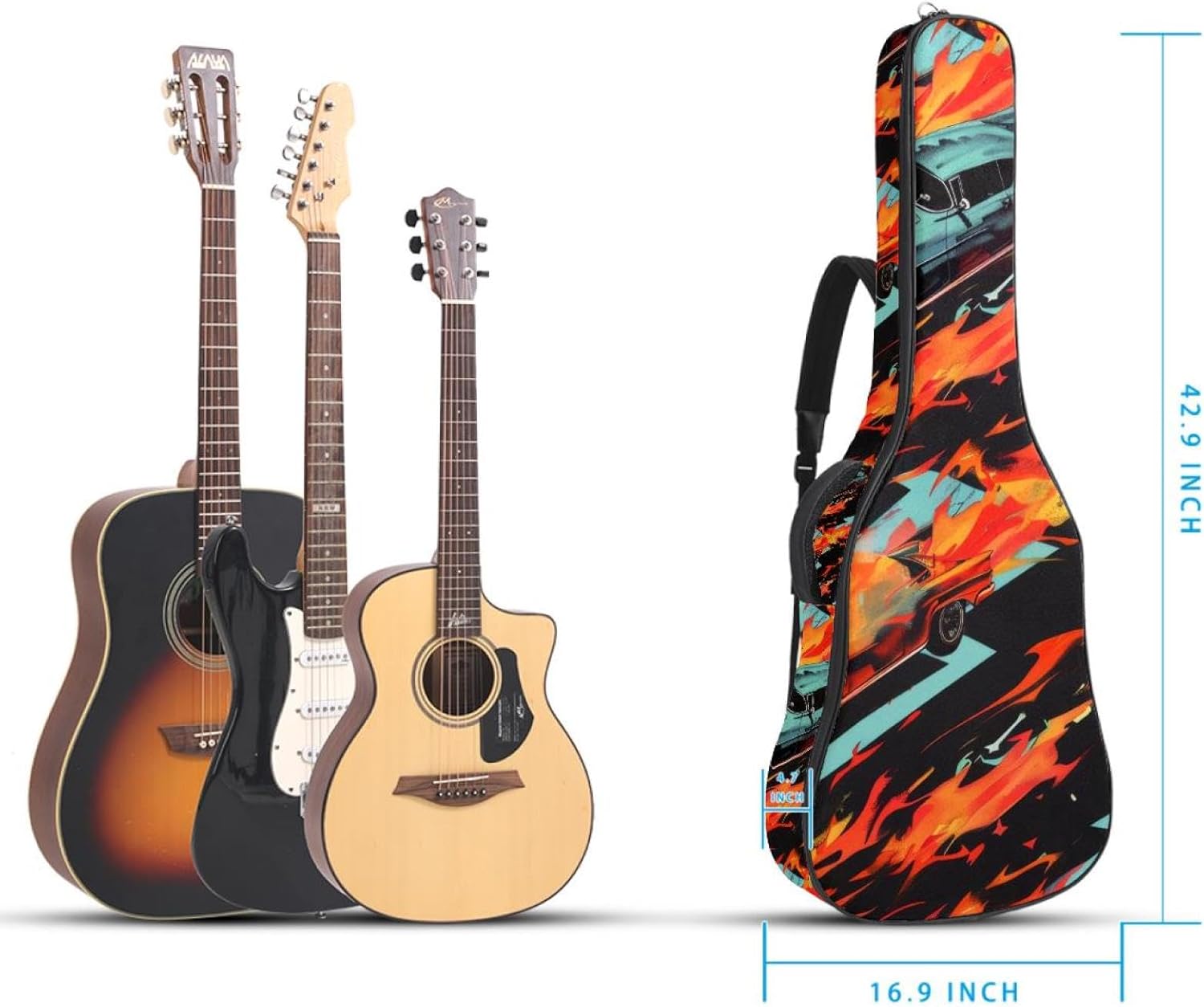 Acoustic Guitar Gig Bag 1 cm Thick Padding, Waterproof Electric Guitar Bag 40-42 Inch Guitar Case Backpack with Dual Shoulder Strap, Race Car with Finish Line Flags Pilot and Flames Pattern