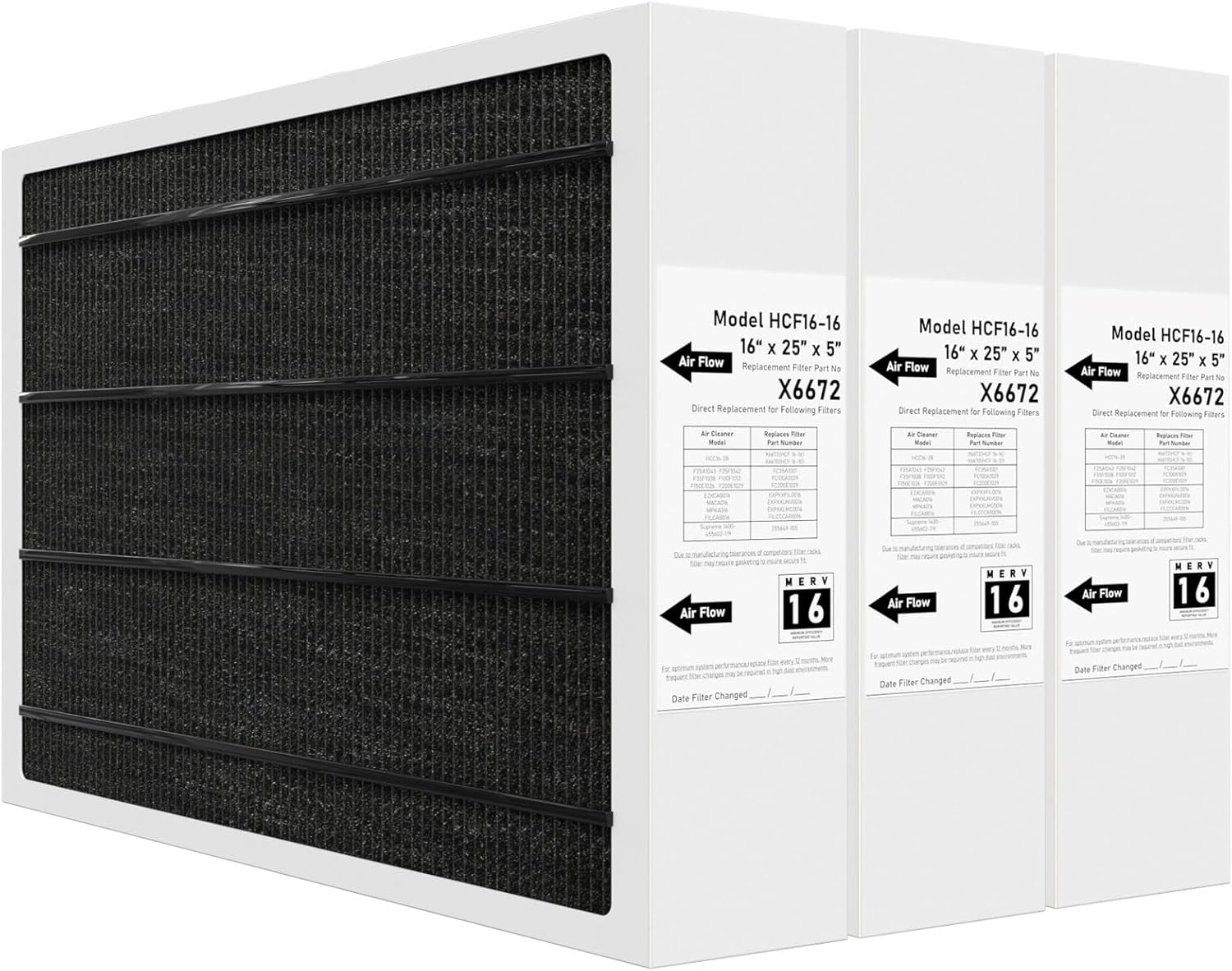 X6672 MERV 16 Filter 16x25x5 Compatible with Lennox X6672 Merv 16 Home Furnace Filter for HVAC System, Number HCF16-16, (Actual Size: 15.75 x 24.75 x 4.37 In), 3 Pack