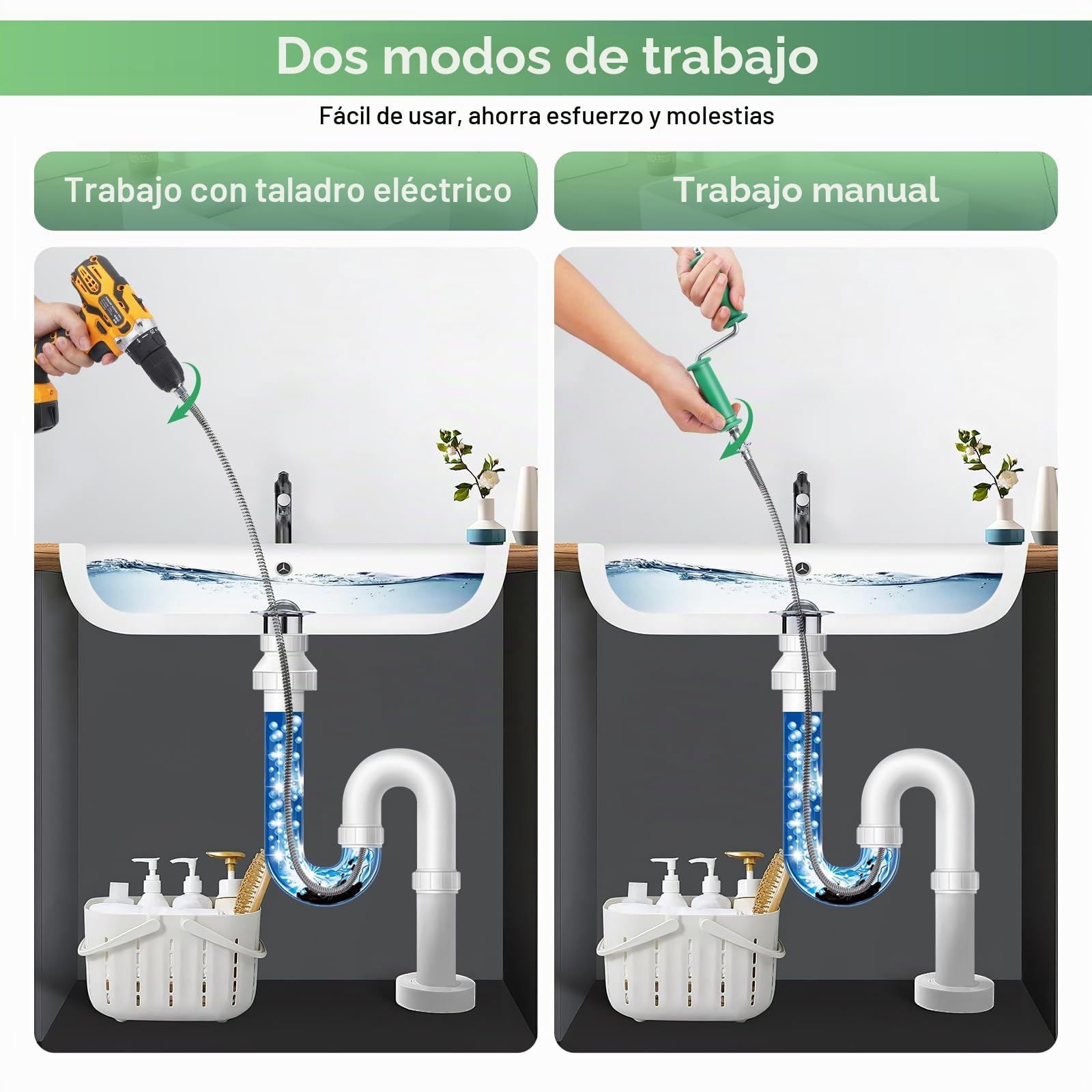 Alambre Desatascador Tuberias,10M*10mm Cable Desatascador Tuberias Fregadero Espiral de Limpieza Profesional con Adaptadores Eléctricos Manuales Fregaderos Cocina Cañerias Desagües Inodoros Obstruidos