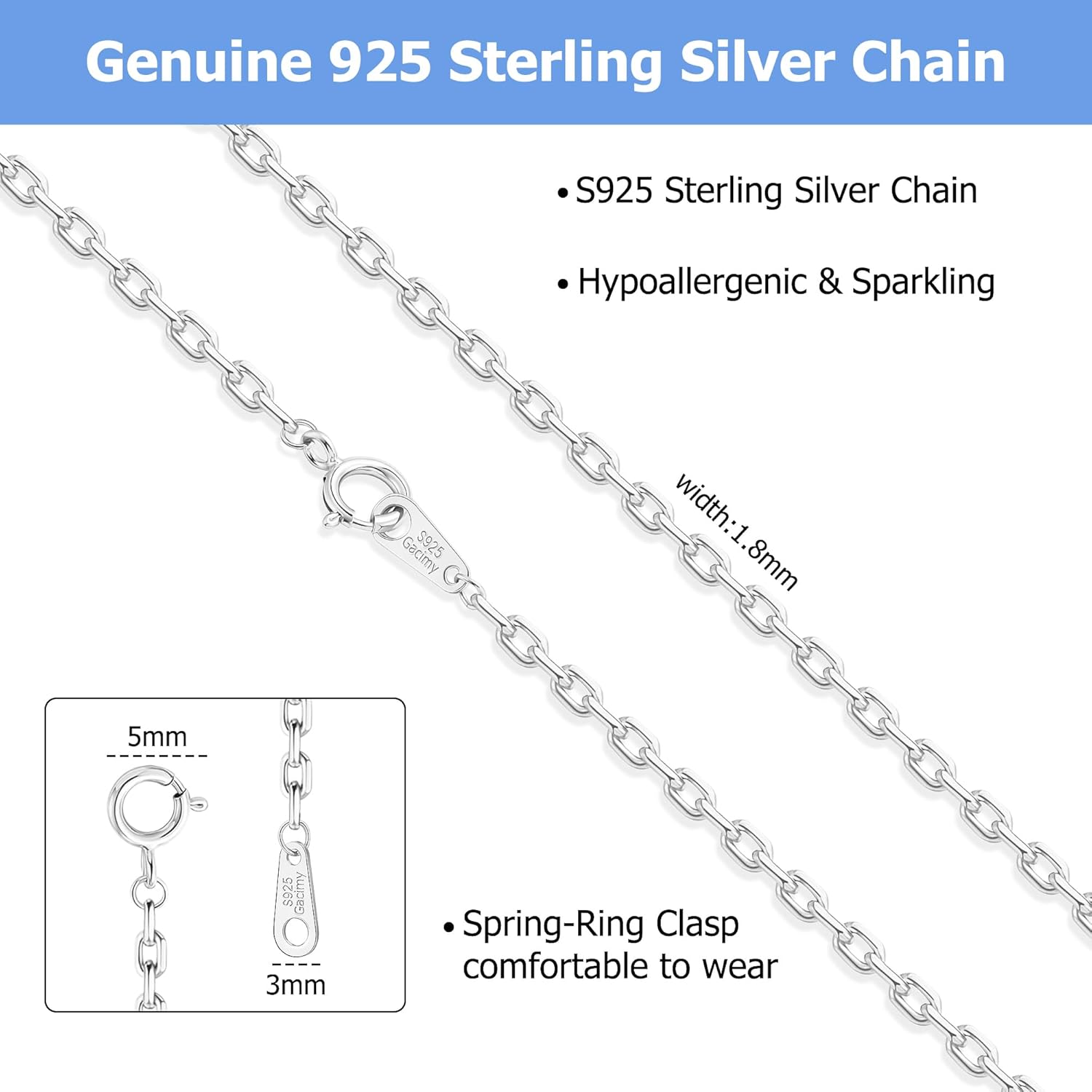 Gacimy 925 Sterling Silver Chain for Women, 1mm 1.3mm 1.5mm 1.8mm Cable Chain Necklaces - Image 4