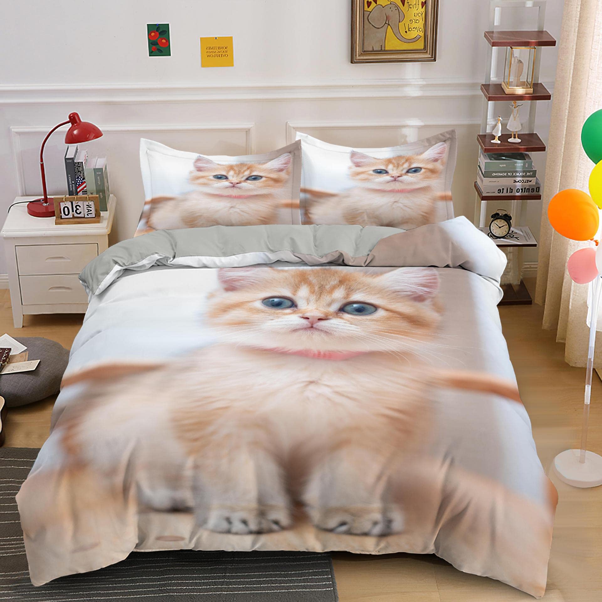 Housse de couette 220x240 chat orange lavable et douce avec fermeture éclair