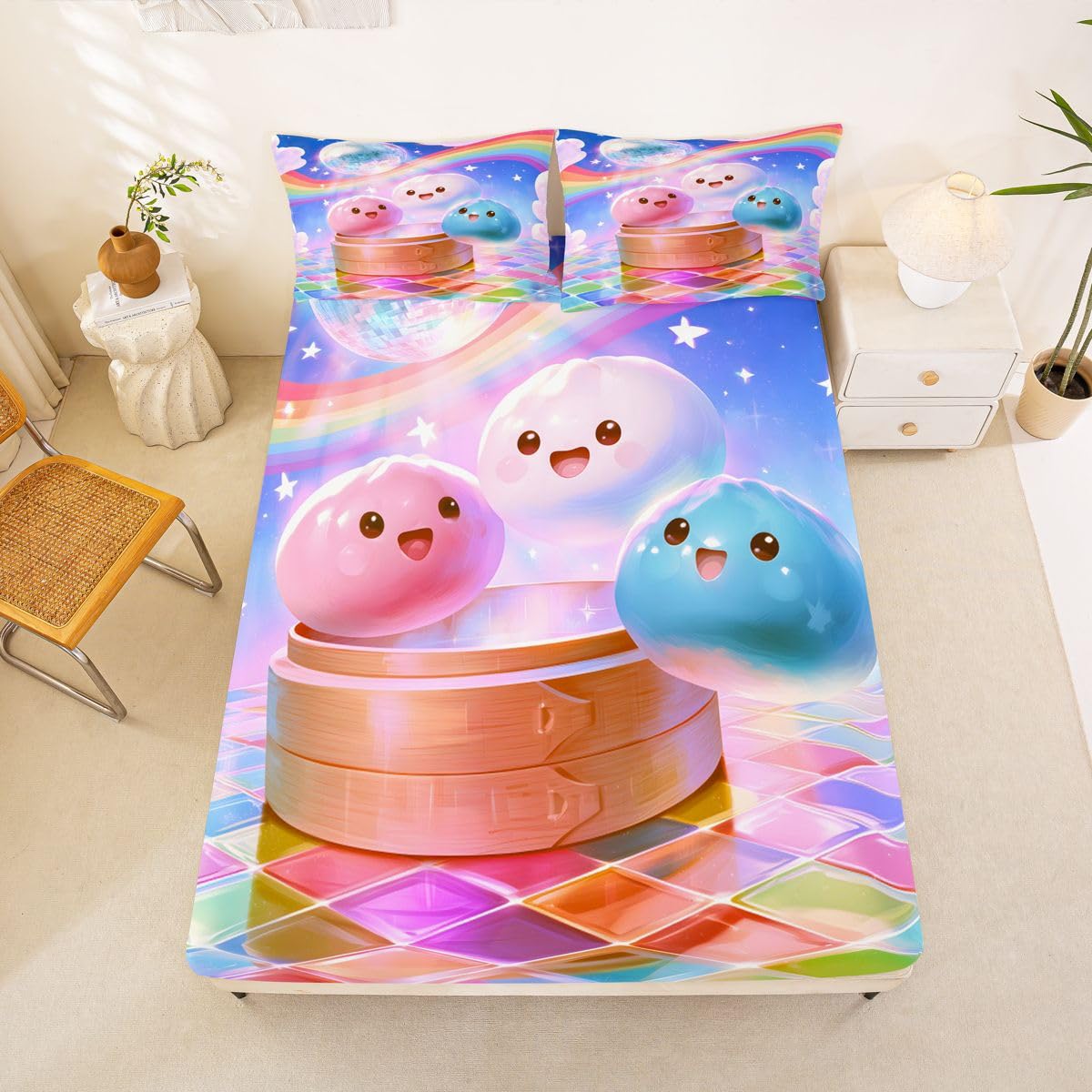 Manfei Kawaii Cartoon-Lebensmittel-Spannbettlaken, volle Größe, niedliches Knödel-Bettwäsche-Set, 3-teilig, buntes 3D-Würfel-Bettlaken für Kinder, Jungen, Mädchen, Teenager, Raumdekoration
