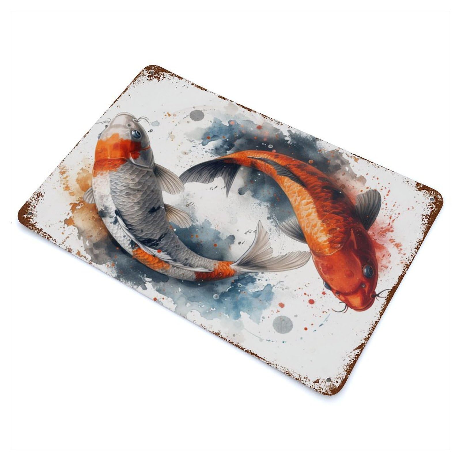 Koi Fish Japanese Rust Effect Tin Sign 11.8"x7.9", Rustic Home Decor for Garage, Bar And Workshop Decor