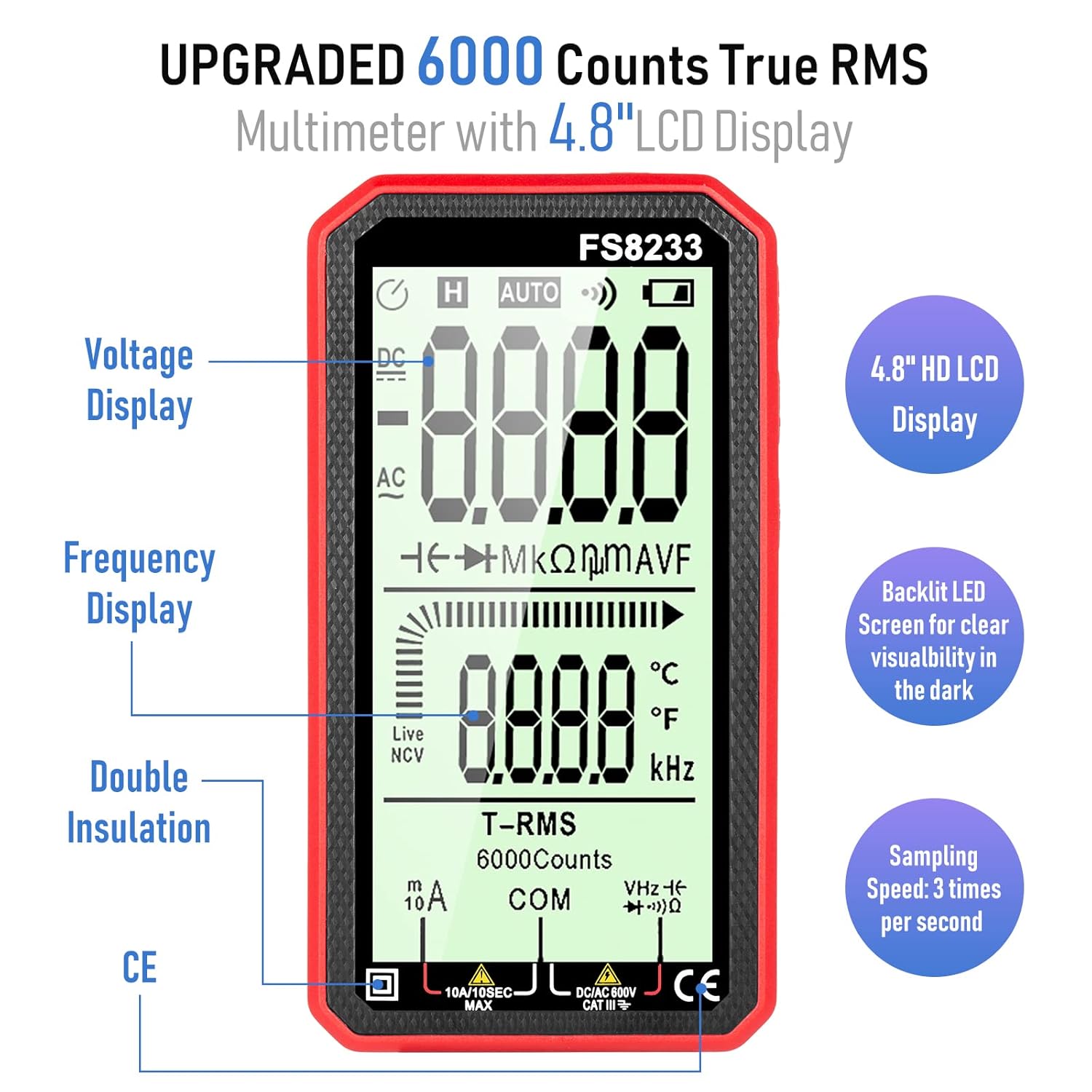 Digital Multimeter - WOOKLEA Auto-Ranging Volt Tester 6000 Counts TRMS 4.8'' Display | Accurately Fast Measures Voltage Current Capacitance Continuity Resistance Temperature Diodes NCV (Red)