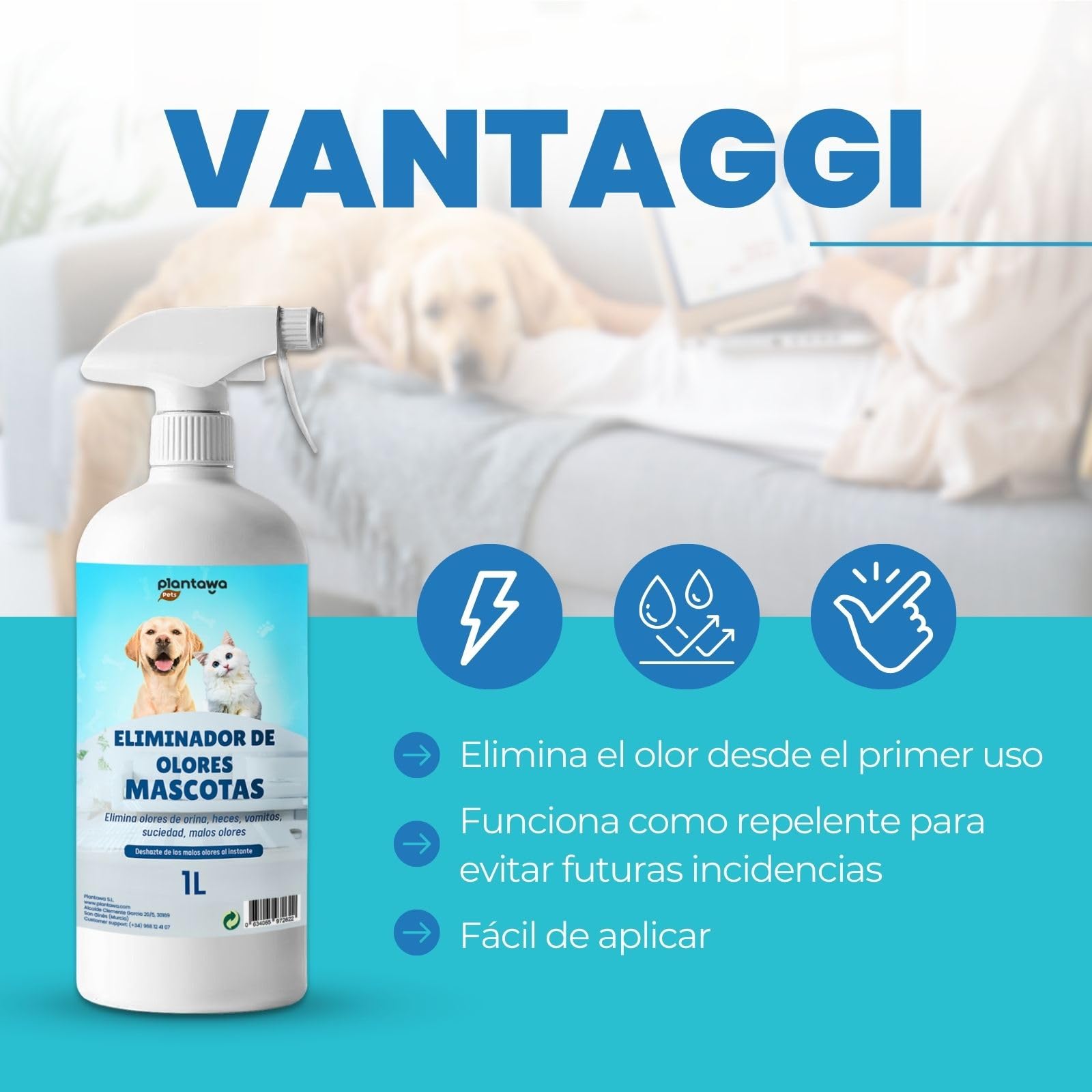 PLANTAWA Eliminatore di Odori di Animali Domestici Spray 1L | Eliminare Odore pipì Cane | Detergente Enzimatico urina Gatto, feci e Vomito | Repellente Naturale | Sicuro per Varie superfici e Tessuti