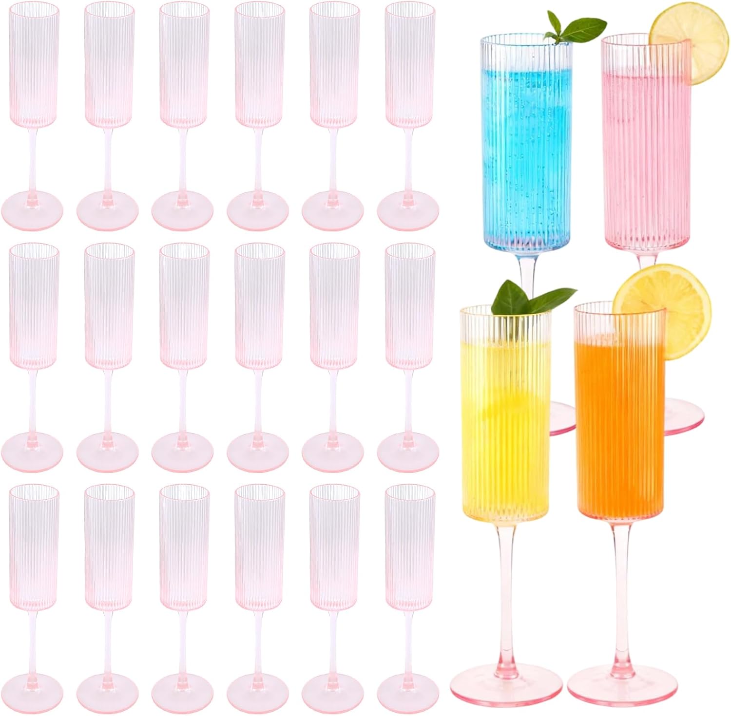 12 Pcs 6 oz Pink Ribbed Straight Plastic Champagne Flutes - Unbreakable Reusable for Parties, Weddings, Family Gatherings