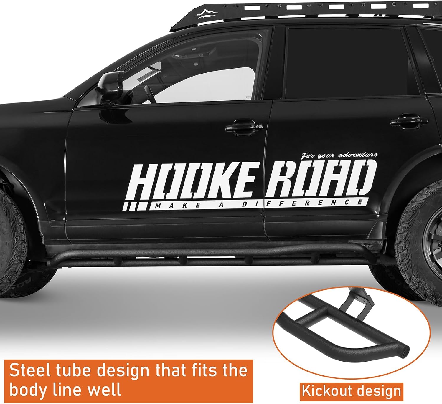 Hooke Road Cayenne Rock Slider Rails Offroad Protection Running Boards for 2003-2010 Porsche Cayenne 955/957, Kick Out Sliders Rocker Guard Nerf Bars, Heavy Duty Steel Tube
