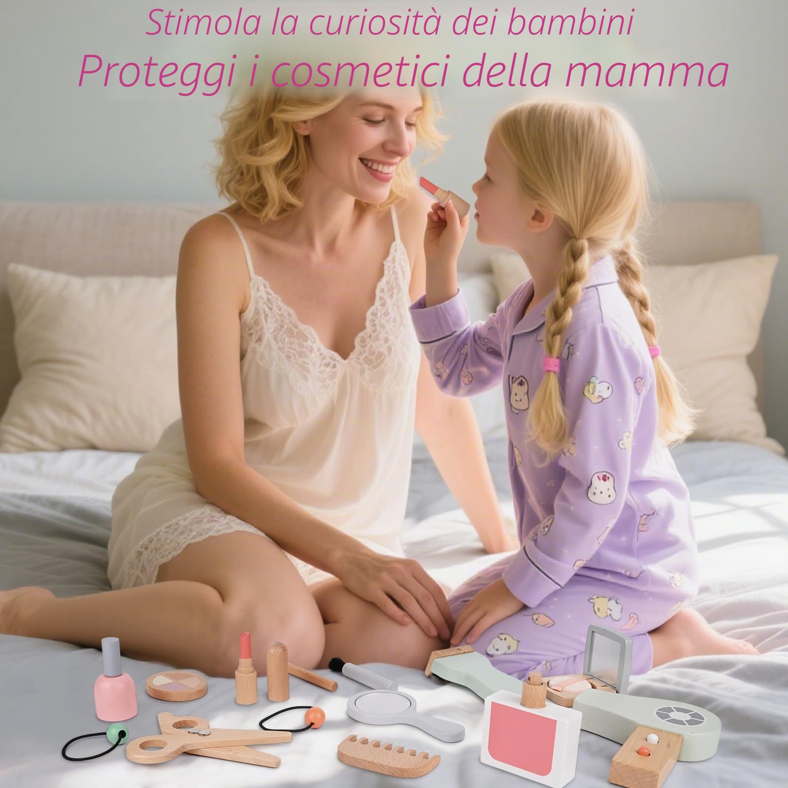 Gerbala Set Trucchi Bambina in Legno Finti, Giocattoli di Trucco in Legno, Set di Trucchi e Parrucchiere, Giochi di Ruolo, Regalo di Compleanno di Natale per 3 4 5 6 7 8 Bambina