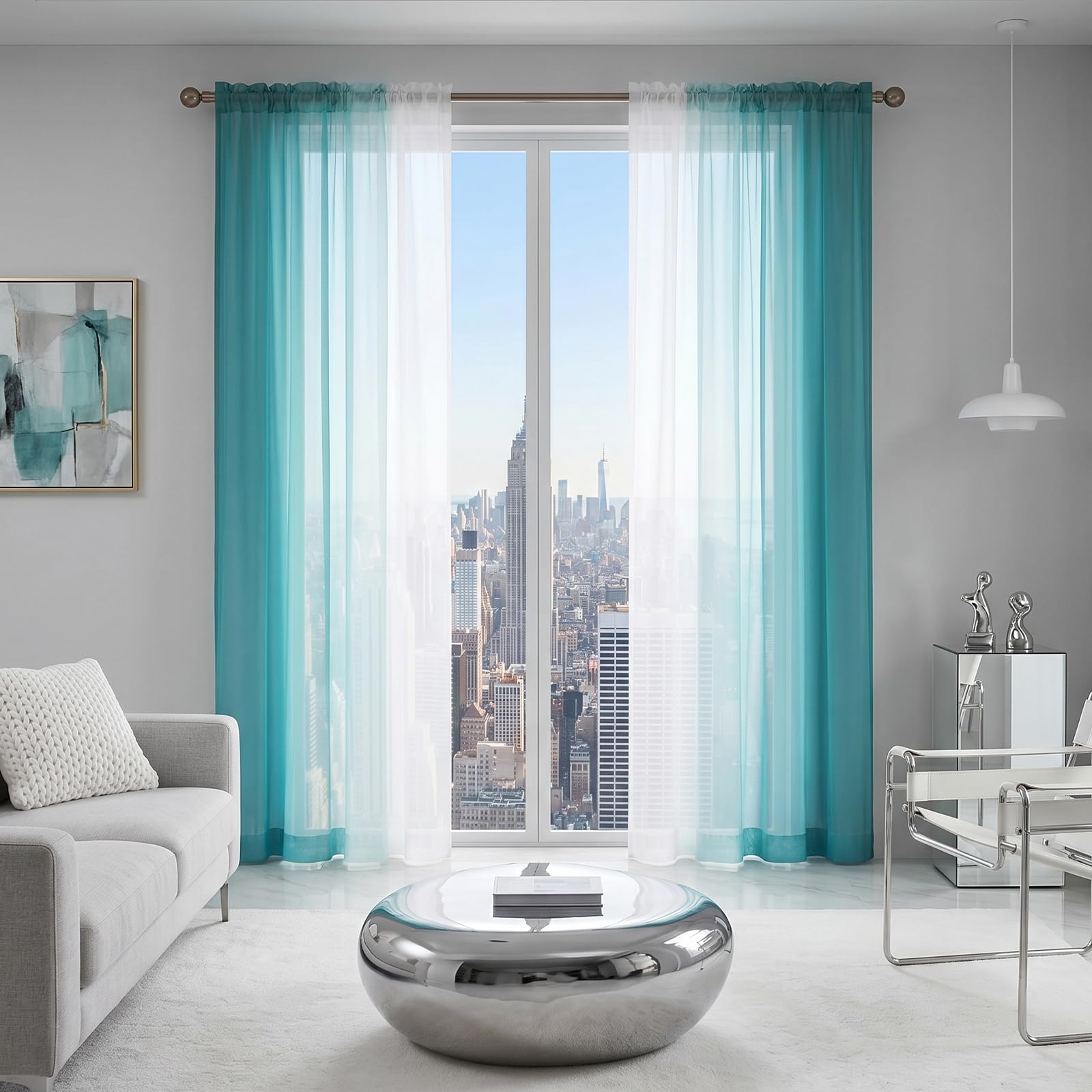 Melodieux Tende Tasparente Ombre Tende per Interni 2 Pezzi, 140x260cm Blu/Bianco