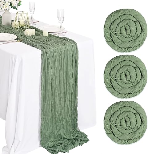 Paquete de 3 caminos de mesa de estopilla verde salvia, 13 pies x 35 pulgadas, gasa rústica salvia, bohemio, decoración de camino de mesa de boda,