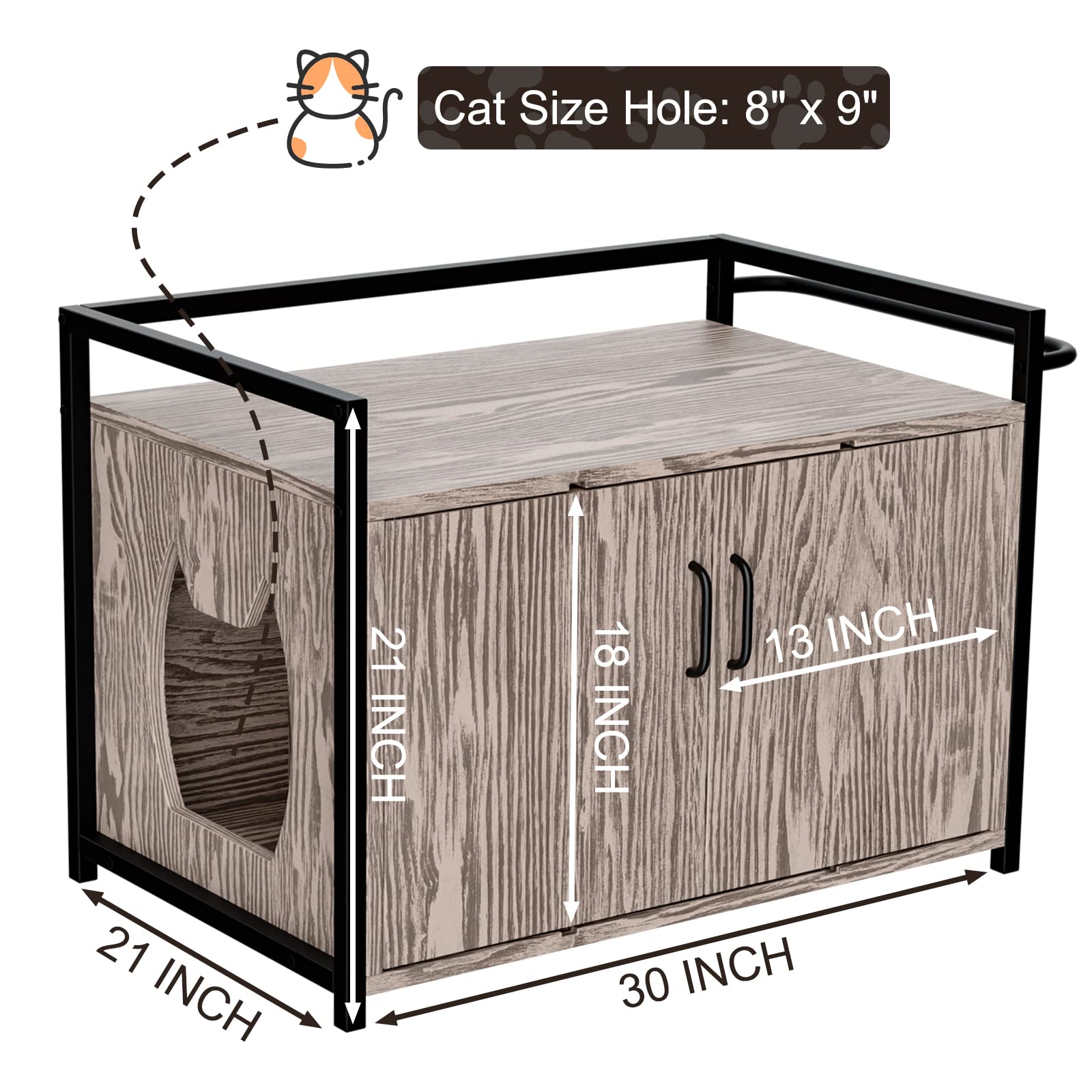 Cat Litter Box Enclosure, Pet Crate with Iron and Wood Sturdy Structure