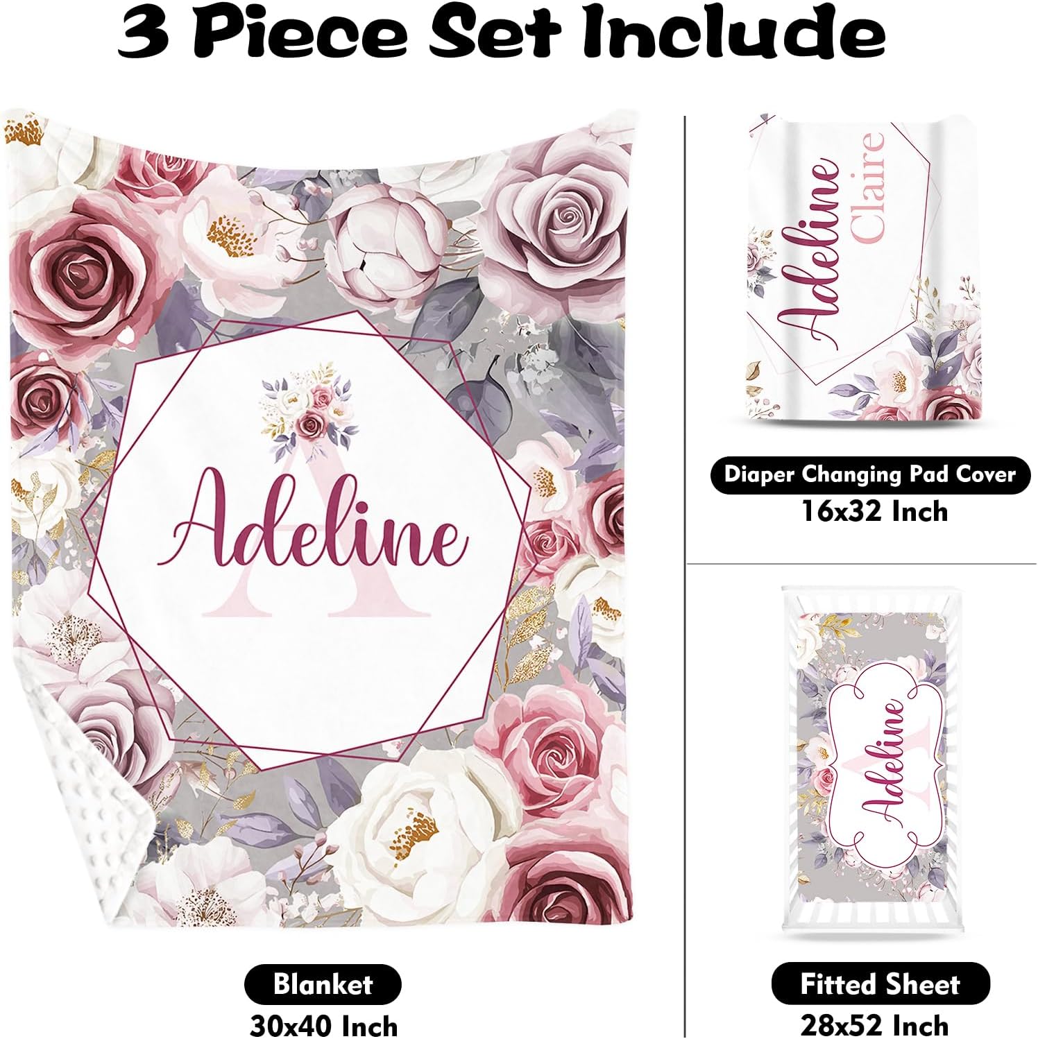 Custom Name Crib Bedding Set for Infant Baby, Personalized Nursery Decor Baby Blanket Fitted Crib Sheet Changing Pad Cover 3 Pcs, Beautiful Flowers Theme for Baby Girls