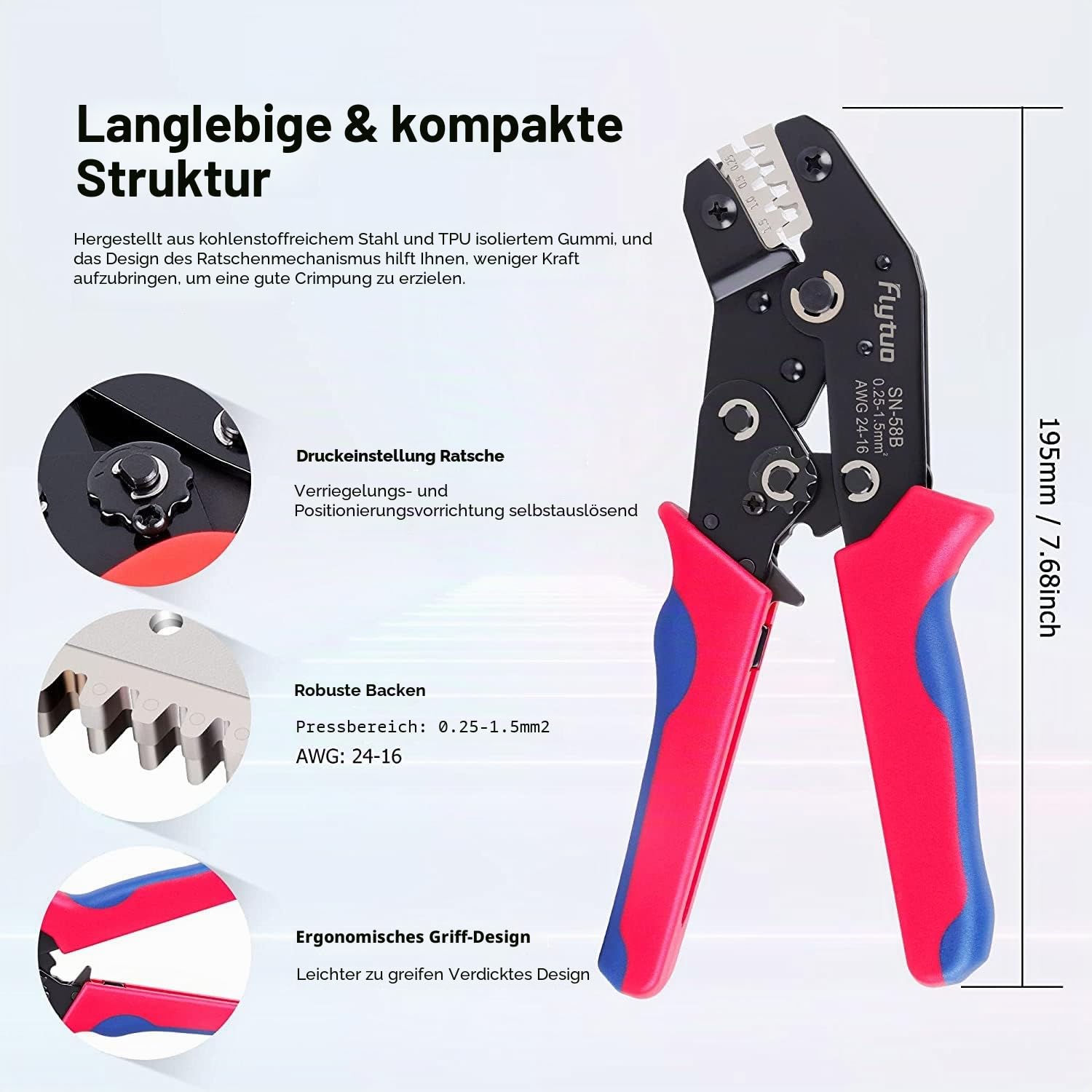 Kabelschuh-Crimper-Set, Flytuo Selbstverstellende automatische Ratschen-Kabelschuh-Zange AWG 24-16 (0,25-2,5 mm²) mit 720PCS männlichen und weiblichen Flachsteckern und isolierten Hülsen