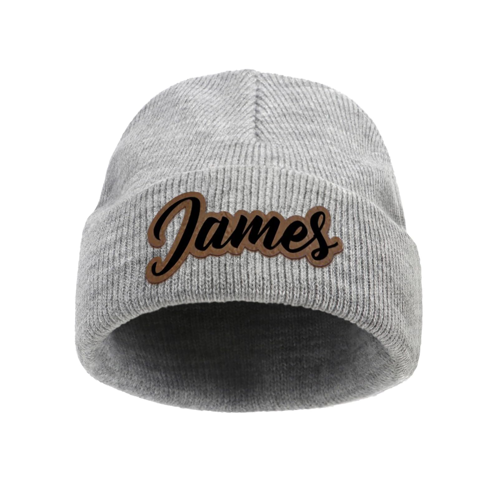 Lewari Custom Baby Beanie Hats for Girls Boys, Personalized Name Leather Patch Beanies for Kids Toddlers Adults, Infants Grey Knit Hat