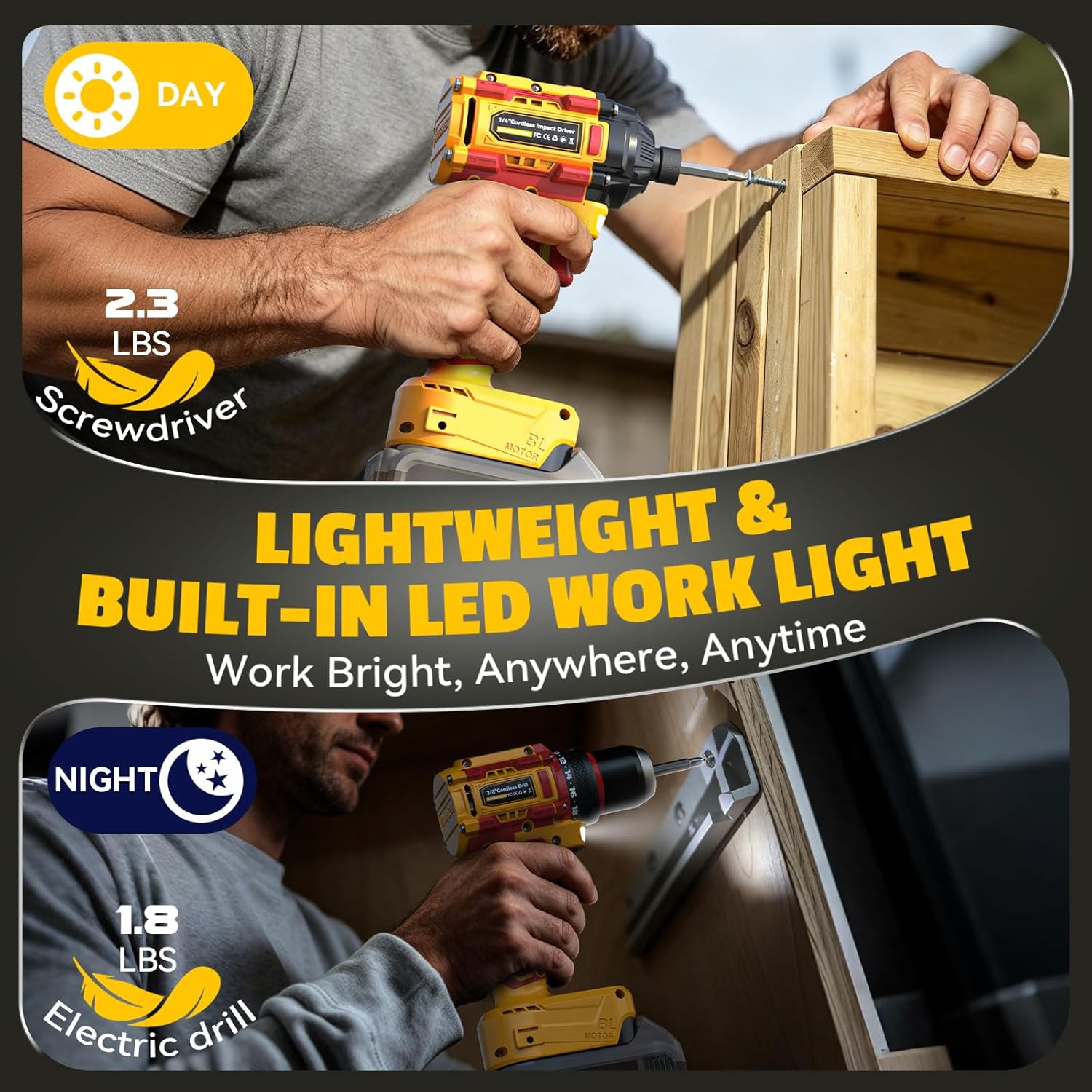 DIYtoolifz Cordless Drill and Impact Driver Set Compatible with DeWalt 20V Battery (Bare Tool), Brushless Power Tool Combo Kit with Bits, Compact & Portable Driver Drill for Home DIY, Woodworking