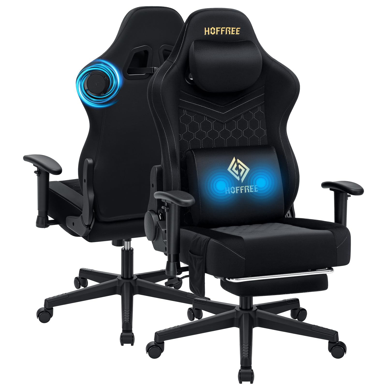 HOFFREE Gaming Chair Suede Fabric with Speakers Massage Gaming Chairs with Pocket Spring Cushion 165° Reclining Computer Office Chair for Adults