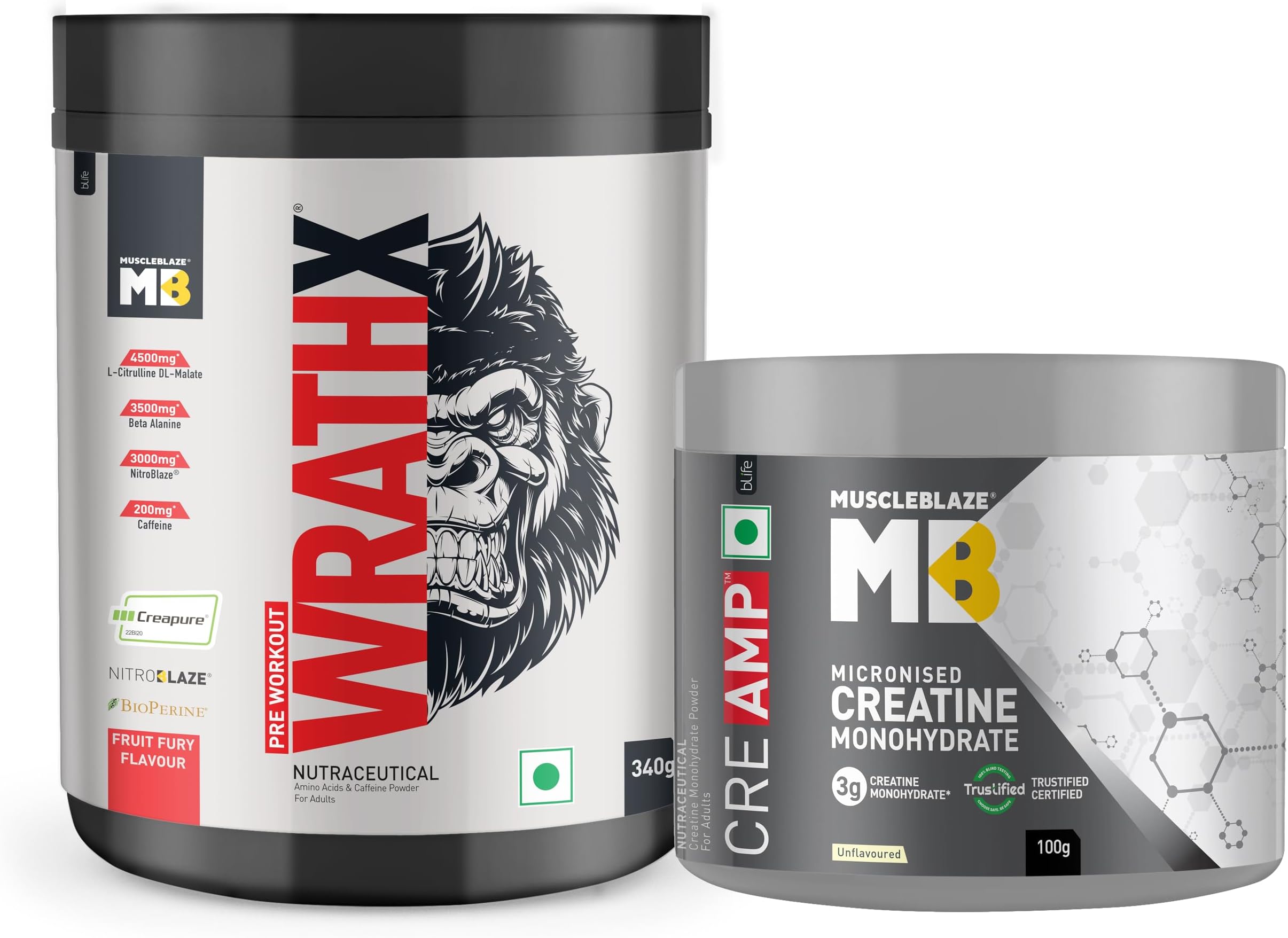 Pre Workout WrathX with Creapure, Nitroblaze & BioPerine (Fruit Fury, 340g, 20 Servings) & Creatine Monohydrate CreAMP (100g, Unflavoured)