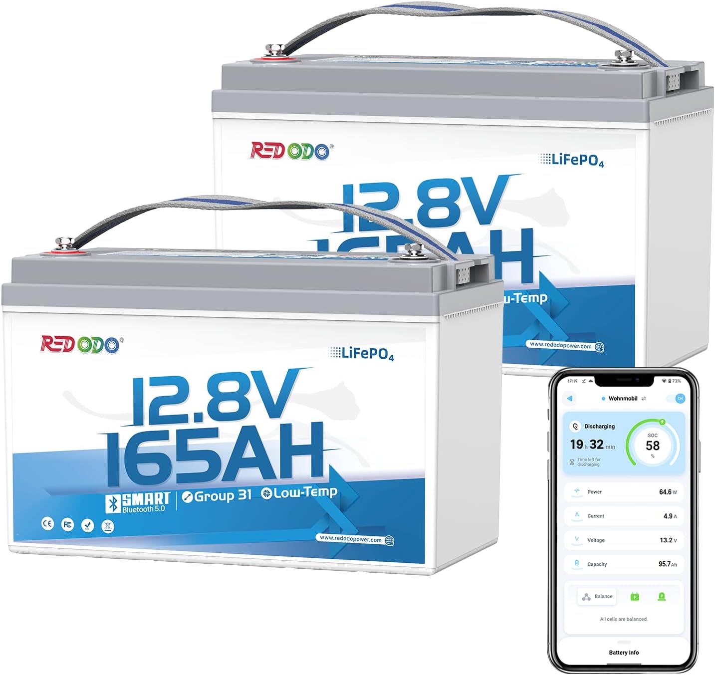 Redodo Group 31 Bluetooth LiFePO4 Battery 12V 165Ah, 2112Wh Max. Power, 165A BMS with Low Temp Safety, Good for RV, Marine, Photo voltaic, House Power Storage (2 Pack)
