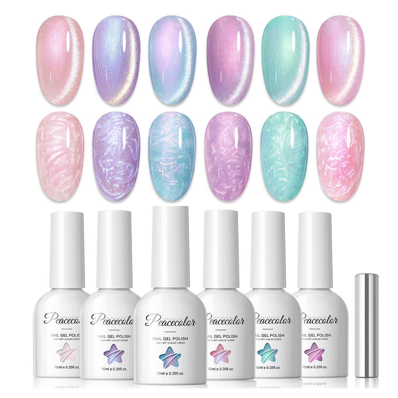 PEACECOLOR Cat Eye Gel Nail Polish Magnetic Shimmer Pearl Nail Polish with Magnet 6 Colors Fall Cateye Gel Polish Iridescent Chrome Mermaid Drawing Swirl Shell Thread Effect Gifts for Women