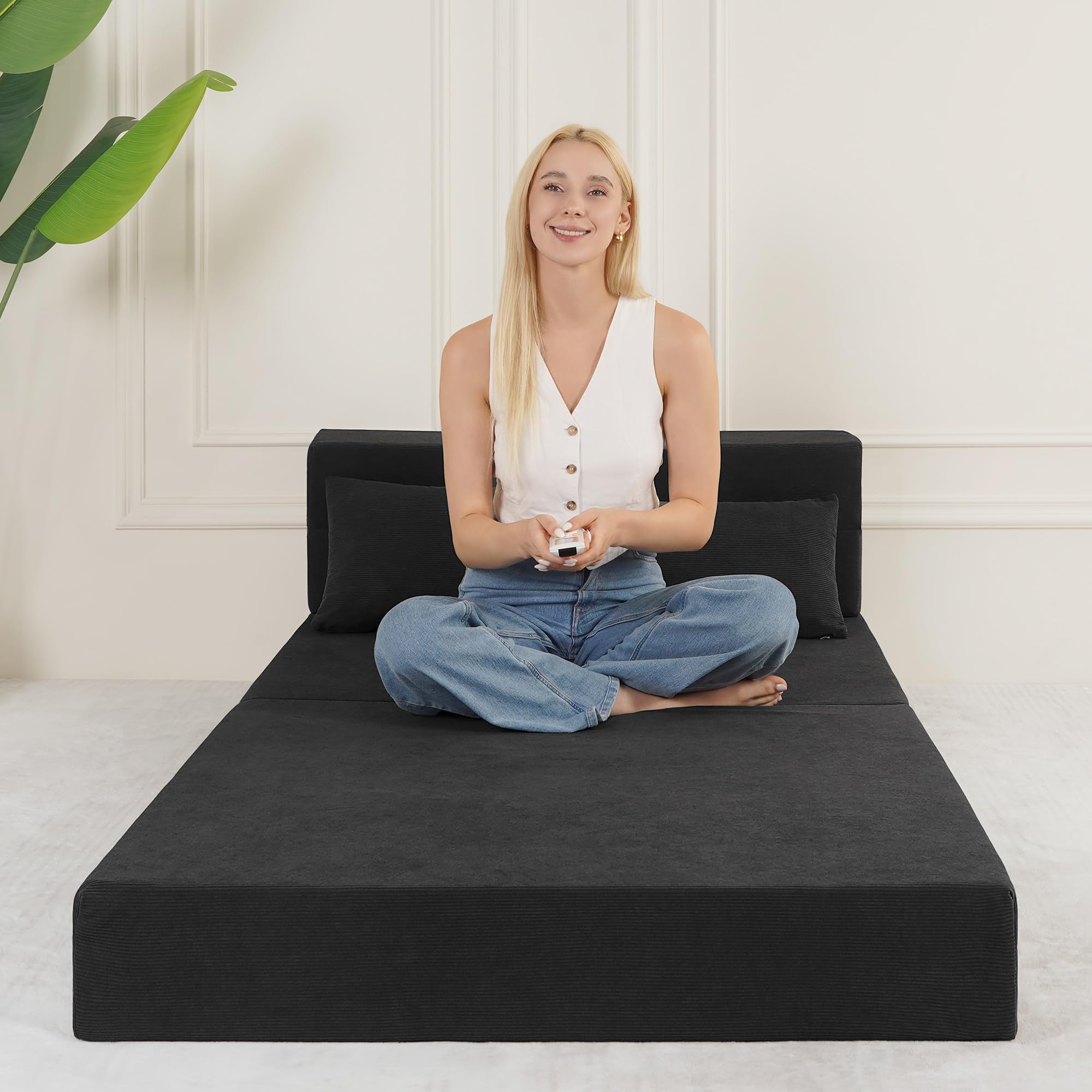Fvkind Folding Futon Couch, Convertible Sleeper, Standard Size, Dark Grey | Ribbed Corduroy Fabric - Foldable Guest Bed - Bedroom & Living Room - Adults & Visitors - Easy Fold Storage