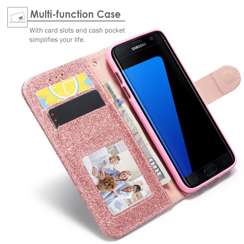 QLTYPRI for Samsung Galaxy A5 2017 Case Wallet Case Bling Shiny Glitter Flip Folio Case Full-Body Protective Cover Card Slots Magnetic Closure Kickstand Wrist Strap for Women Girls - Rose Gold