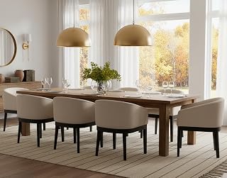 Mid-Century Modern Beige Dining Chairs Set of 8, Linen Upholstered Kitchen Dining Room Chairs with Black Wood Legs, Curved Backrest Armchairs, Beige