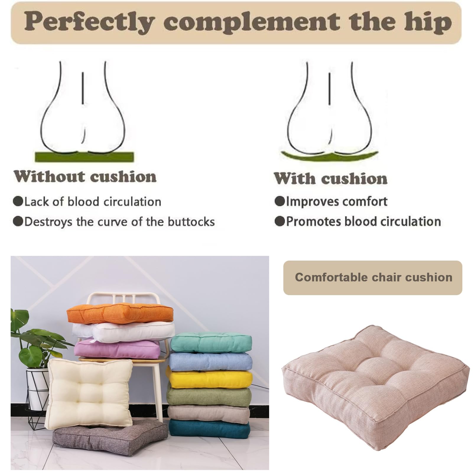Set di 2 cuscini per alzare l'altezza della seduta, 50 x 50 cm, tessuto di cotone e cotone, imbottitura ideale per soggiorno, cucina, giardino, comodo e