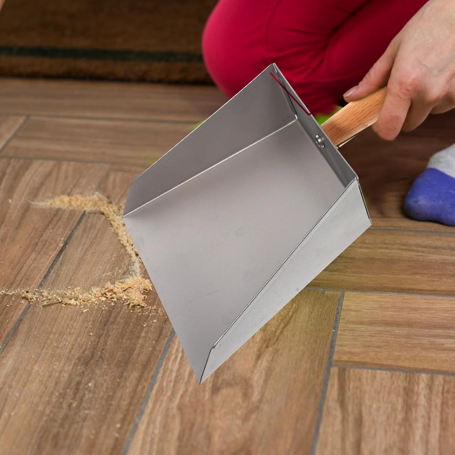 Stainless Steel Dustpan with Wood Handle Mini Metal Dust Pan 8.66 X 5.51 Inches Compact Handheld Sweeping Tool for Household and Industrial Cleaning