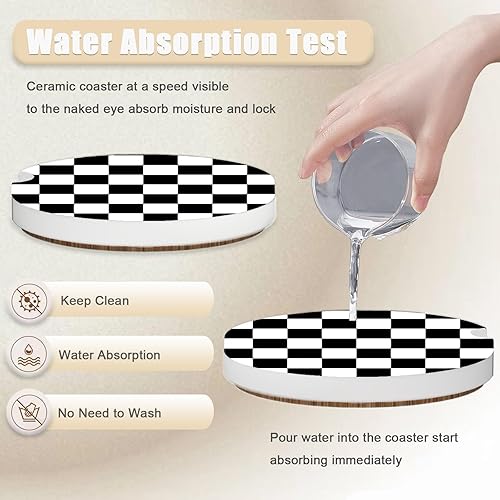 Miniatura 3 de Paquete de 2 posavasos de automóvil a cuadros negros y blancos para portavasos de automóvil, posavasos de cerámica para automóvil, posavasos