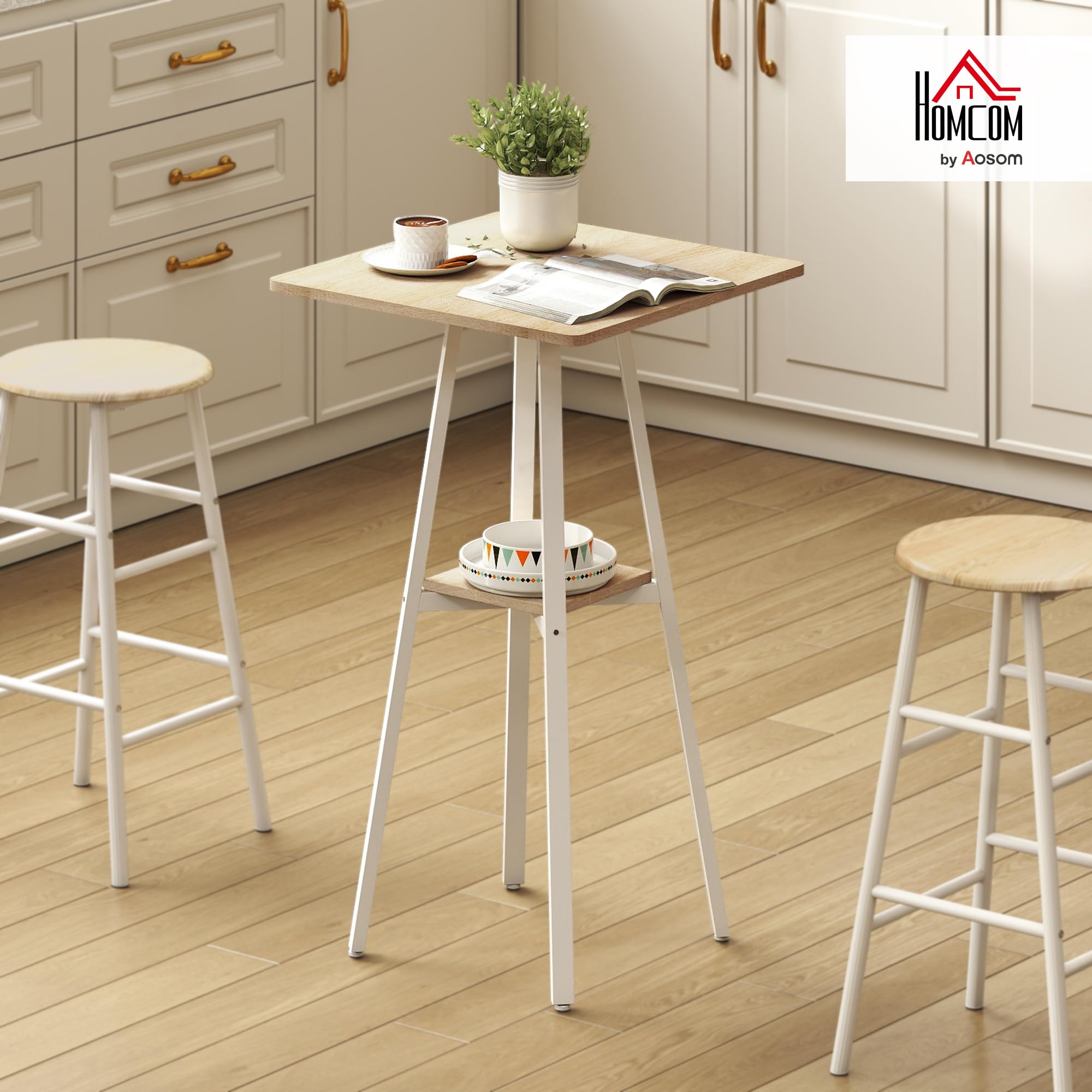 HOMCOM Table de Bar carrée pour 2 Personnes, 55 x 55 x 95 cm, Table Haute Cuisine Mange-Debout avec étagère de Rangement, Cadre en métal, pour Cuisine, Salon, Bois Naturel et Blanc