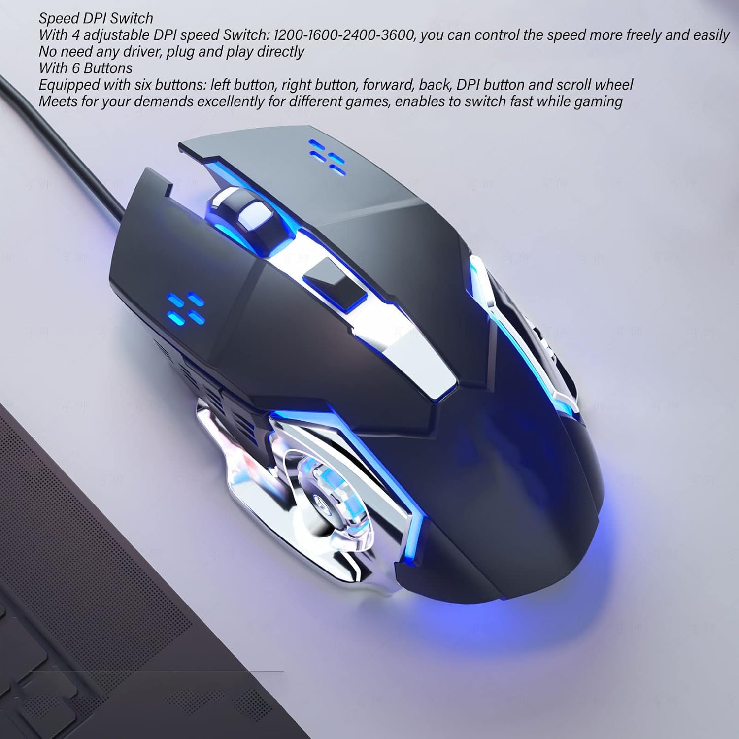 Computer Gaming Mice, USB Optical Silent Wired Gaming Mouse, 1200 1600 2400 3600 4 Adjustable DPI Up to 3600, RGB, for Windows 7 8 10 XP, 6 Buttons (Black Audible Mouse)