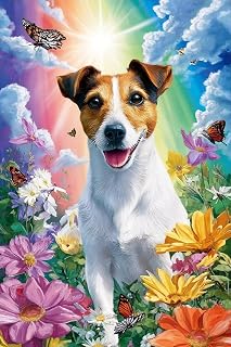 Jack Russell Terrier Diamond Painting, 5D Full Drill Dog Diamond Art, Rainbow Sky & Flower Butterfly Gem Painting, DIY Diamond Painting Kits for Adults, Pet Dog Wall Art 18x25 Inch