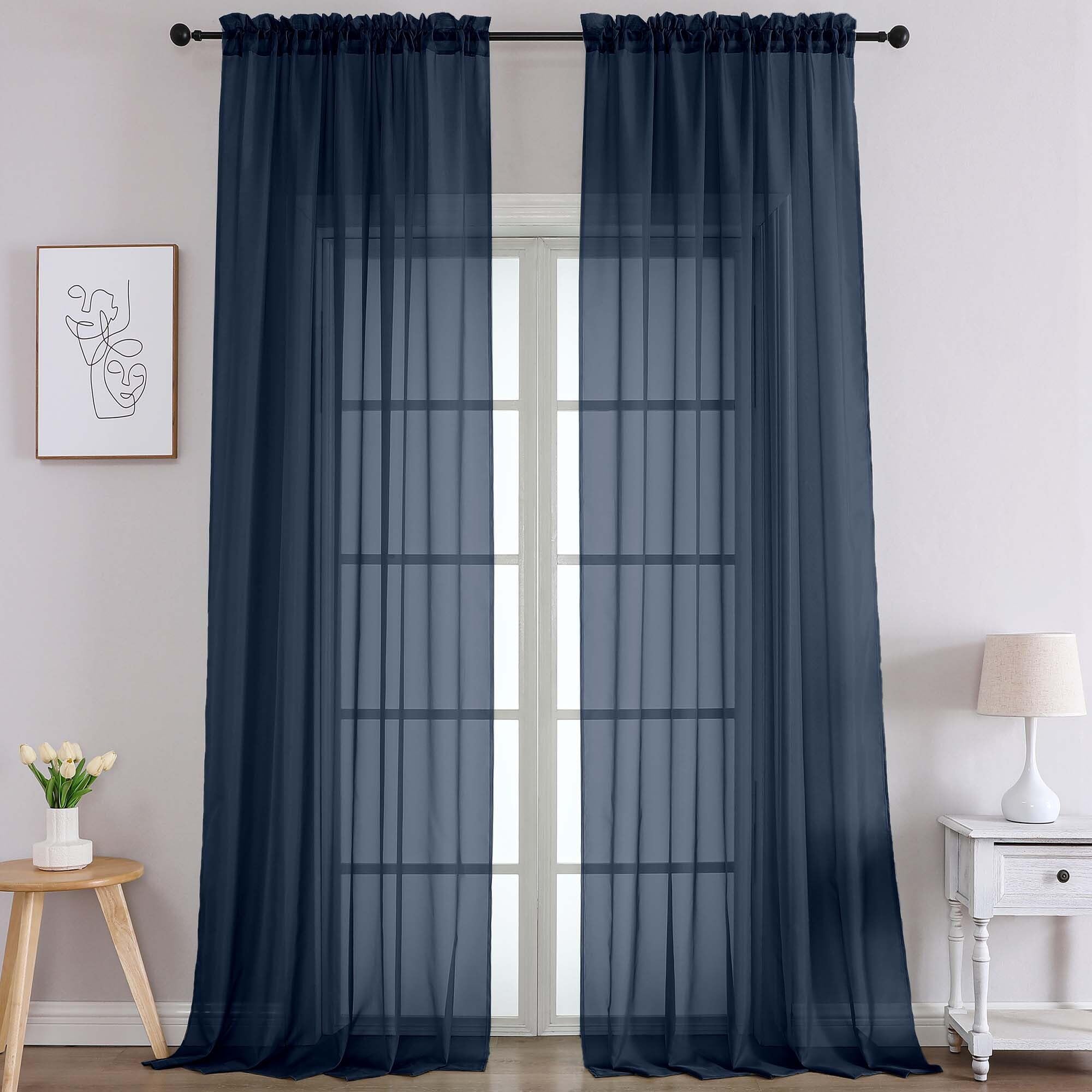Chyhomenyc Extra Long Navy Blue Sheer Curtains 108 Inches Long 2 Panels, Light Filtering Curtains for Living Room, Soft Gentle Voile Rod Pocket Bedroom Window Drapes, 59Wx108L Inch, 9FT, 2PCS