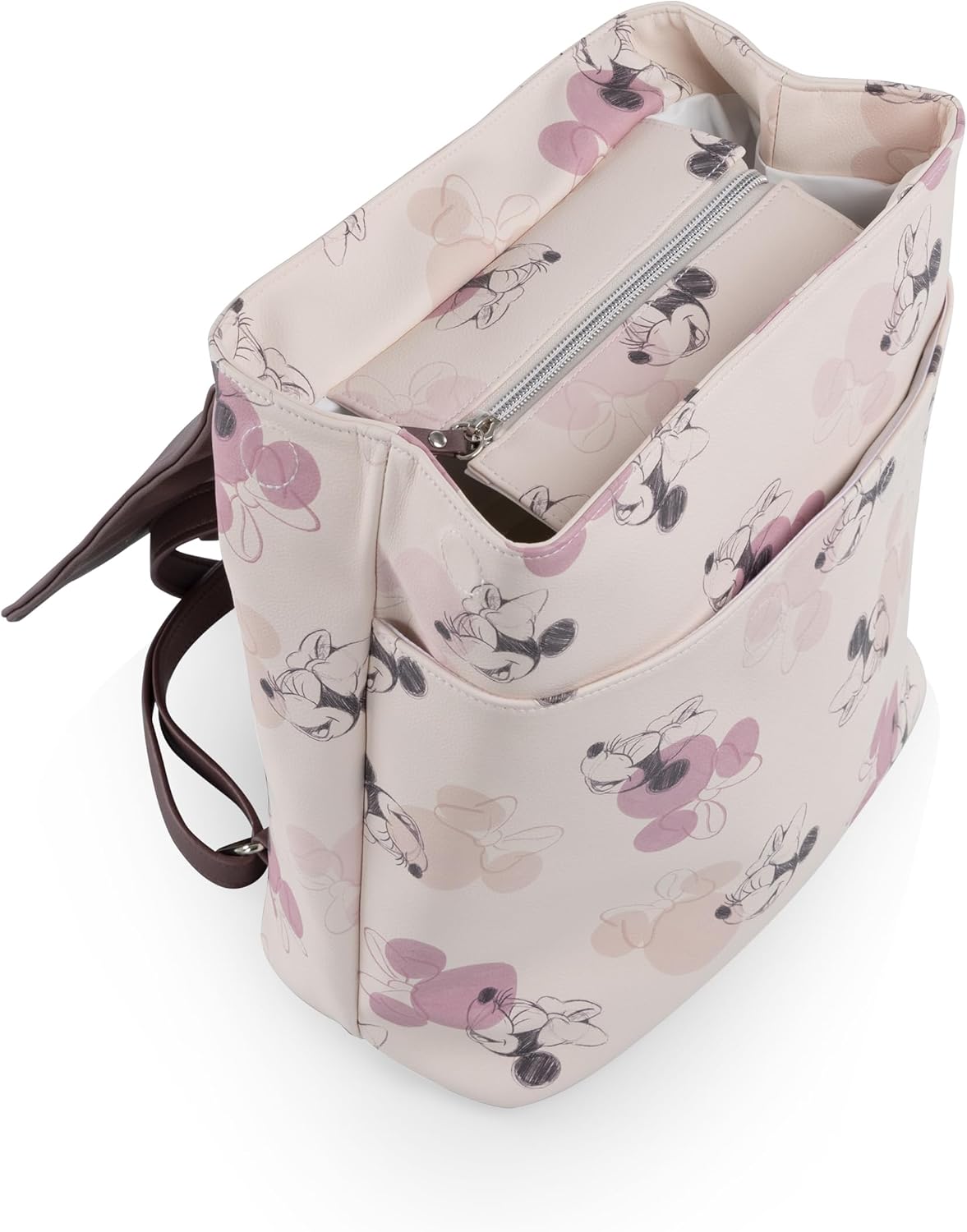 Picnic TIME Disney Minnie Mouse Downtown Mini Cooler Backpack- Insulated Lunch Bag - Stylish Beach Bag Soft Cooler, (Beige with Vintage Pink Sketch)