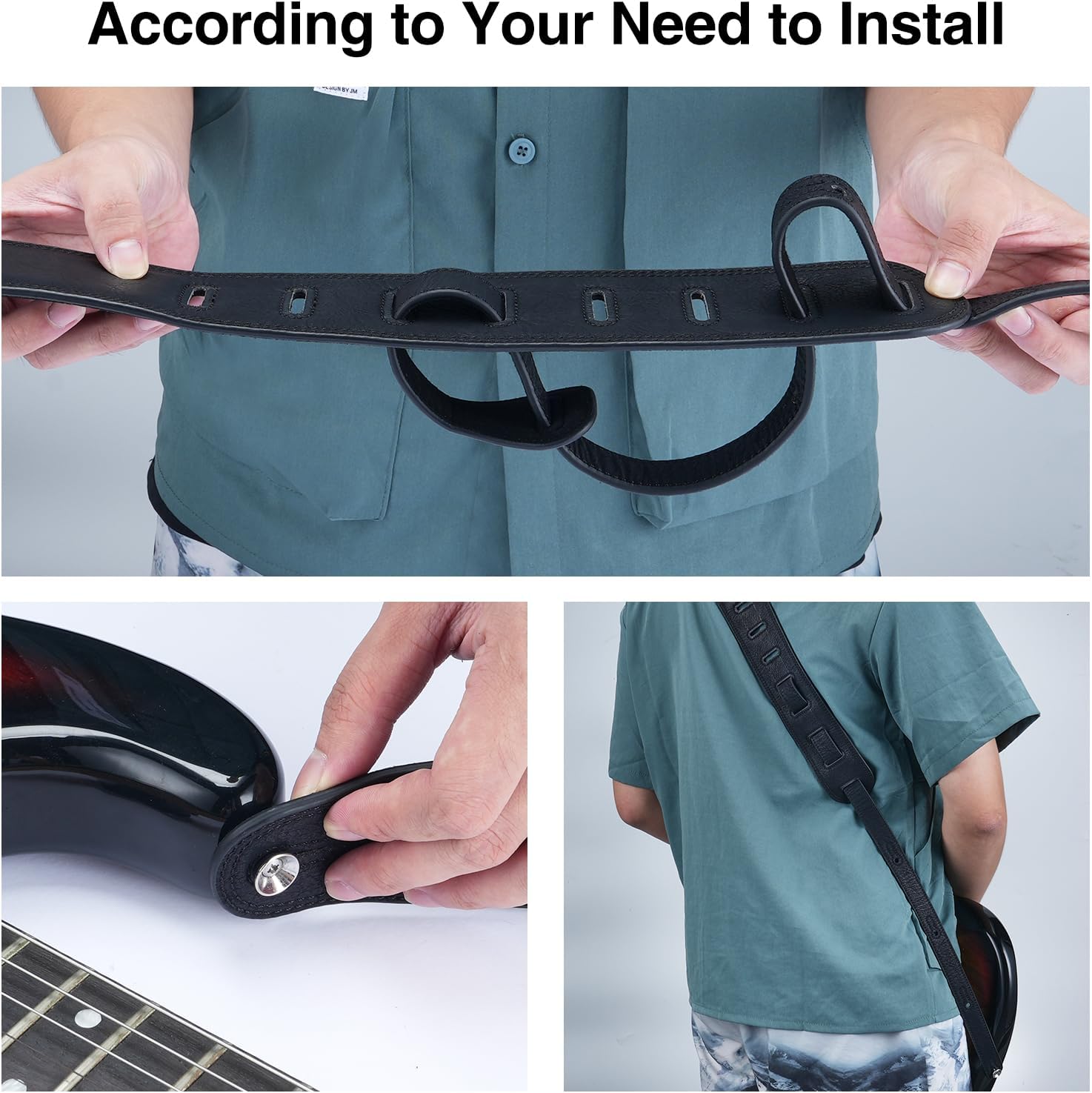 Series of images demonstrating the step-by-step process of installing the LEKATO LGS7 guitar strap onto an electric guitar.