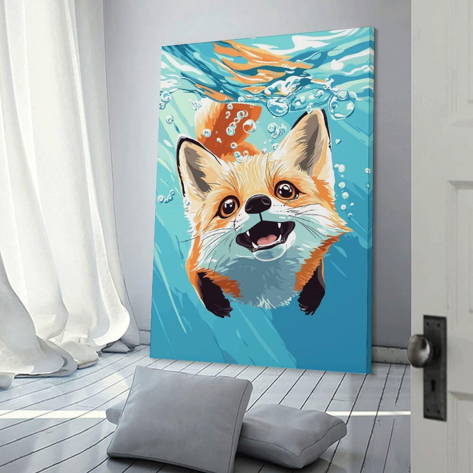 Junmoney Frame-Style-22 Fox Swimming Underwater Illustration Room Decor Wall Art 20X30inch(50X75cm), For Lounge Decor, Offices Or Entryway Styling, A Flexible Wall Accent For Shared Spaces