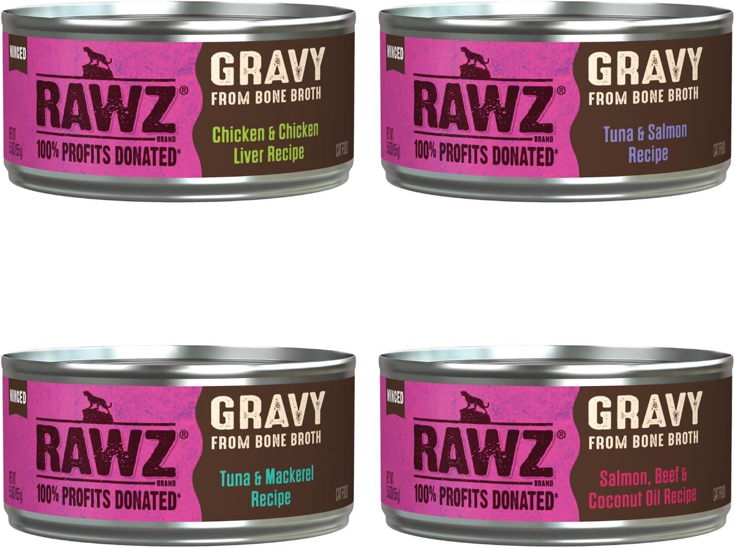 Rawz Natural Premium Minced Canned Cat Food in Gravy from Bone Broth -12 Pack Cans Variety Bundle - 4 Flavors with Hotspot Pets Can Lid (5.5 Oz Cans) (Pack of 12)