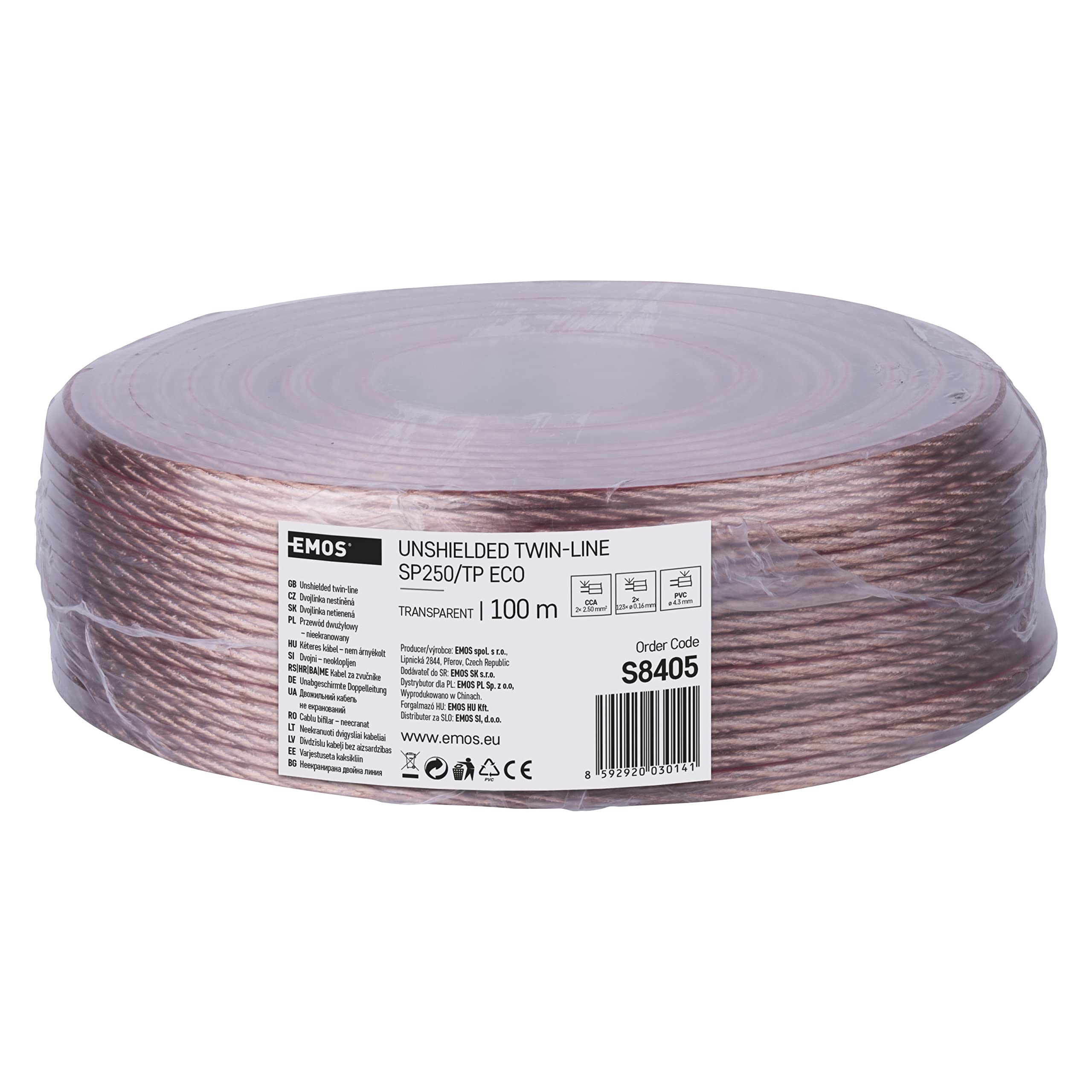 EMOS S8405 Câble de haut-parleur HiFi 2 x 2,5 mm² 100 m en CCA pour haut-parleurs et systèmes Surround Transparent avec marquage polarité