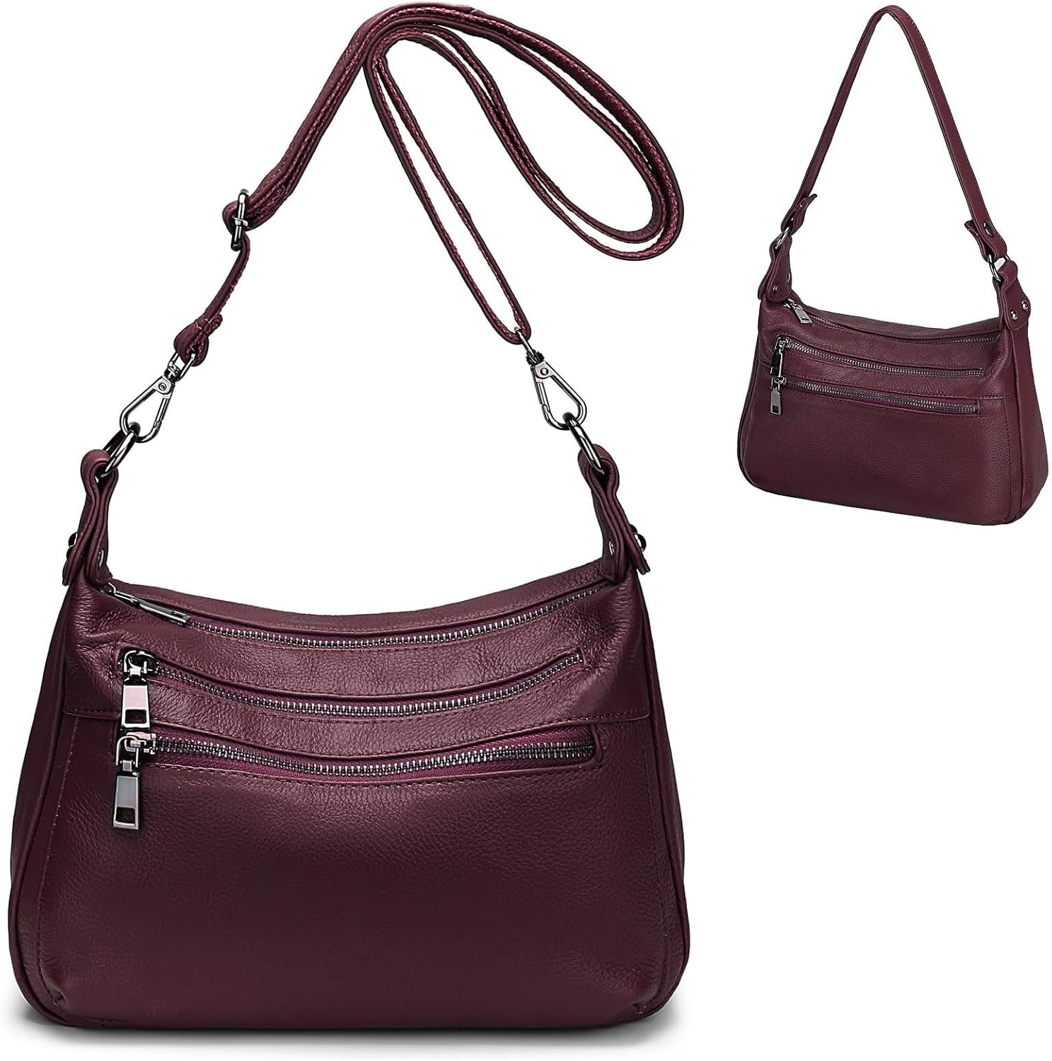 YALUXE Women's Real Leather Shoulder Bag Medium Size Handbag Purse with Multiple Zip Pockets