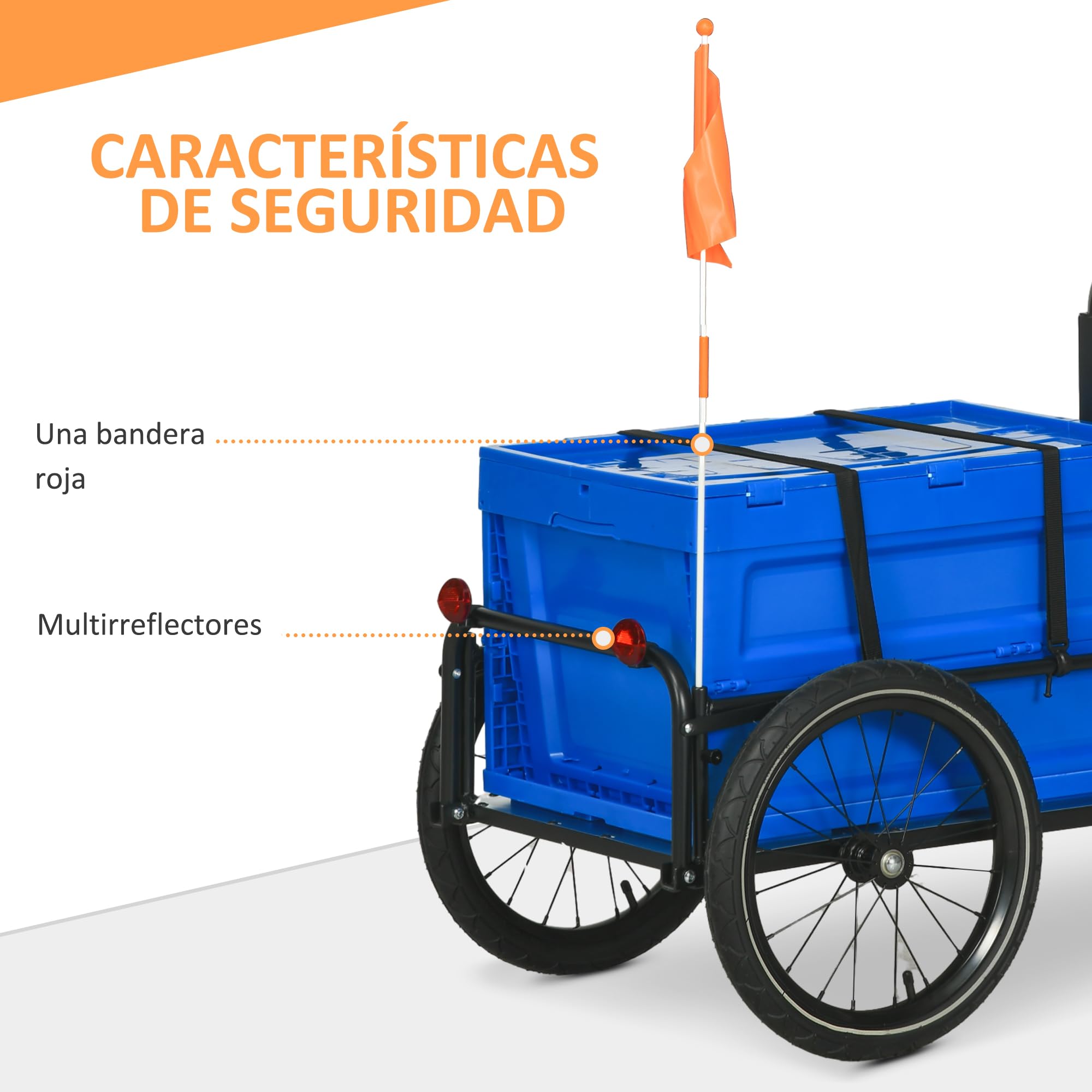 HOMCOM Remolque para Bicicleta de Carga 65 L Remolque para Bici Carro para Bicicleta con Mango Ajustable Caja de Almacenamiento Plegable y Reflectores Seguros Carga 40 kg Azul