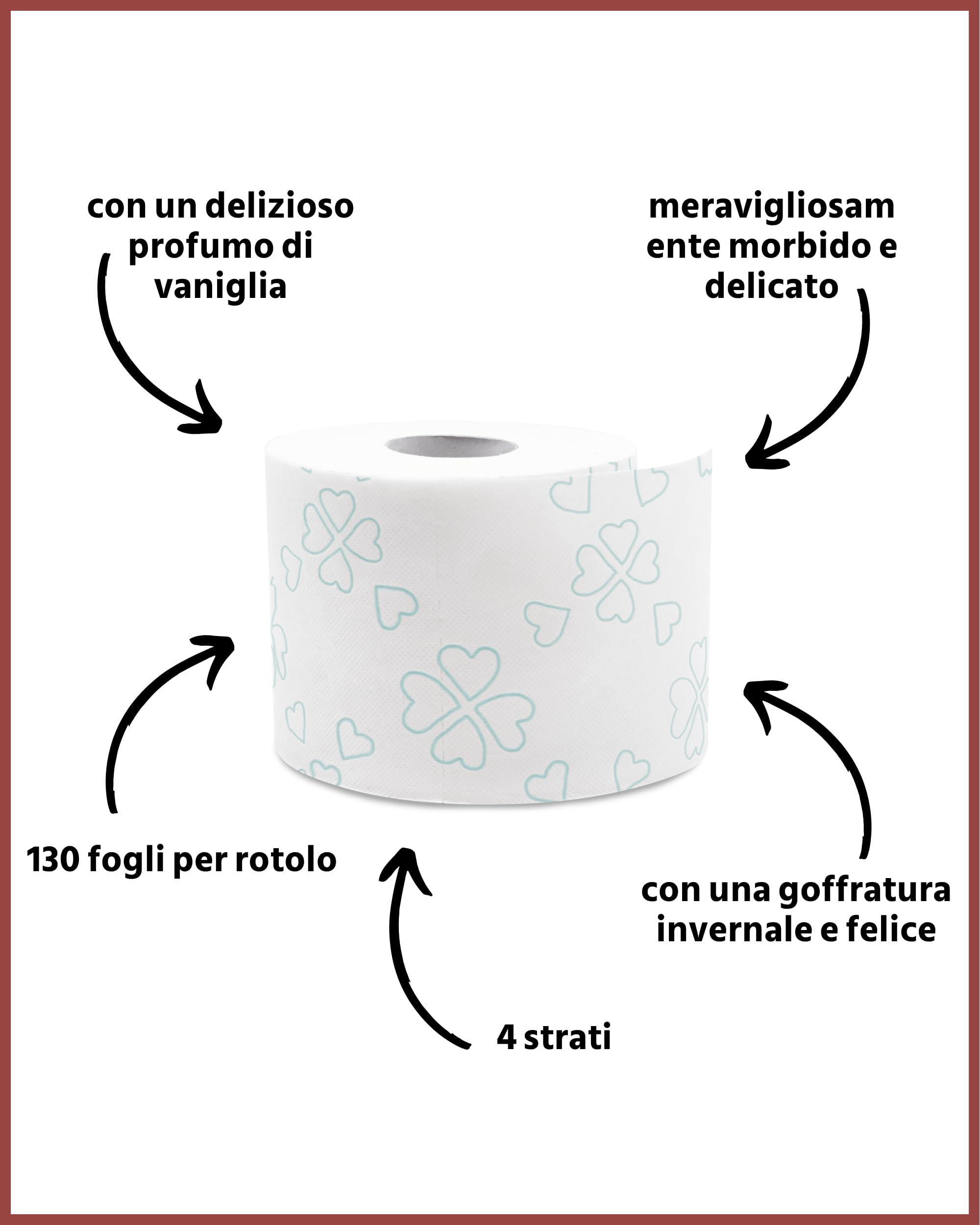 Glücksblatt Carta Igienica Vellutata Bianca al Profumo di Vaniglia, 4 Strati, 56 Rotoli x 130 Fogli, 100% Cellulosa, Super Morbida con Motivi Stampati Fortunati, Confezione da 56 Rotoli