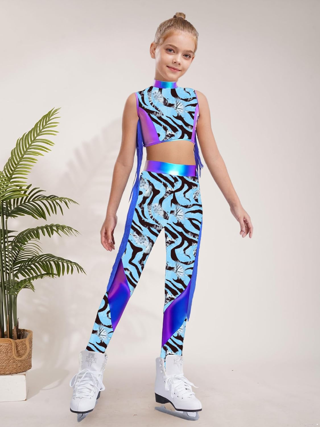 Girls Figure Skating Costume 2 Piece Side Tassel Crop Tank Top and Leggings Set for Stage Performance