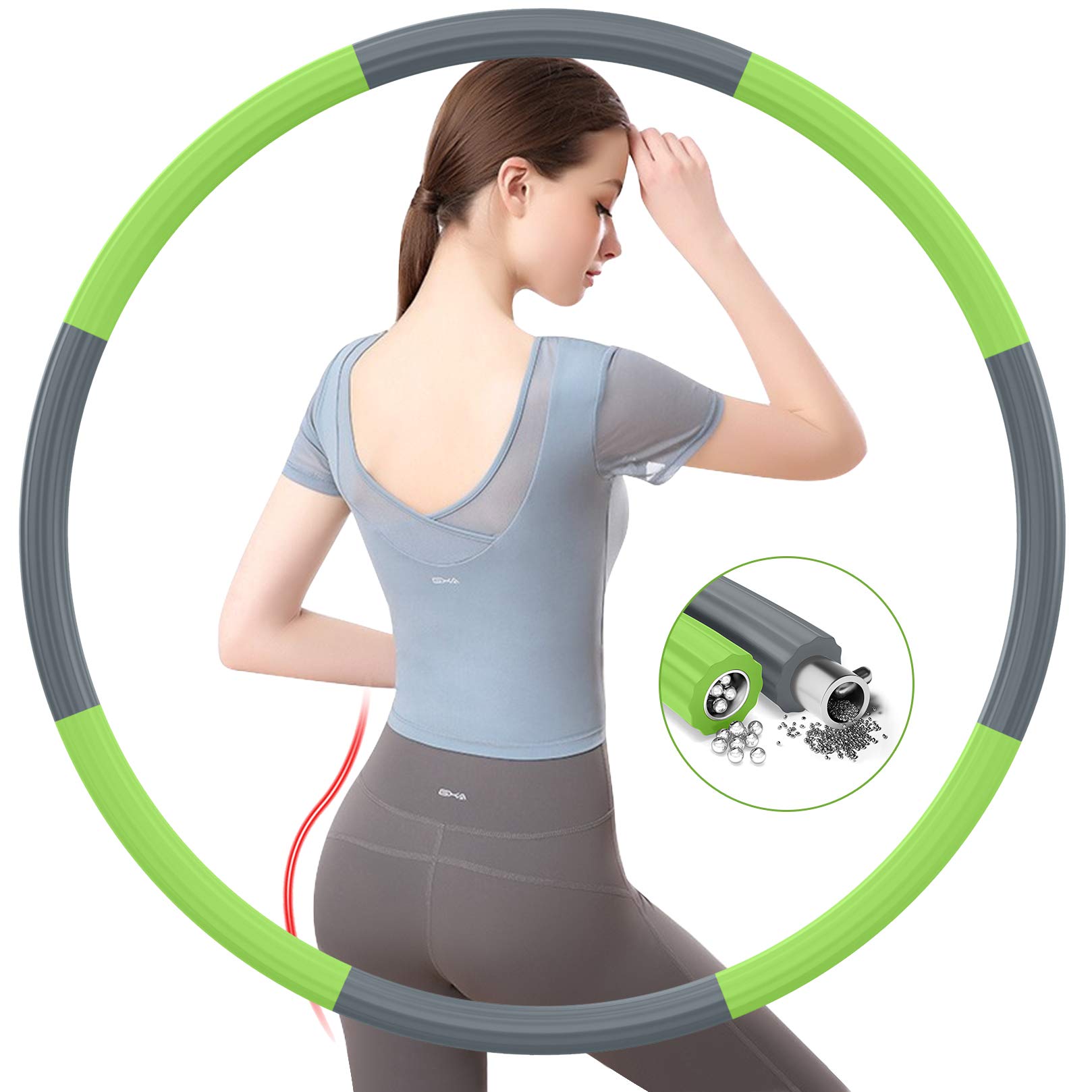 Hula Reifen Hoop Erwachsene, Fitness Hoola Easy Slim Hoop zur Gewichtsreduktion, 8 Abnehmbare Reifenprofile mit Edelstahl-Innenkernrohr,Gewichte einstellbar von 1,2 bis 3,5 kg(Grau+Grün)